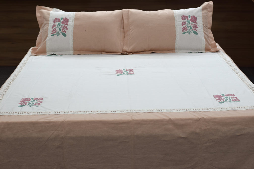 King Size Floral Embroidered Bedspread Set with 2 Pillow Covers | Peach & White |