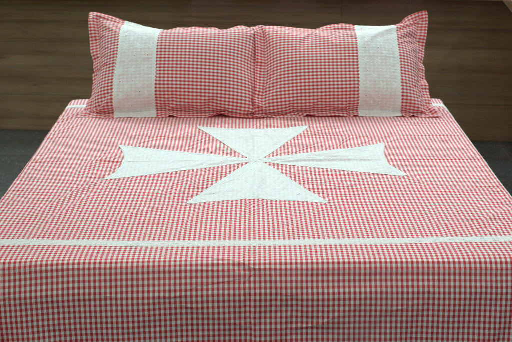 King Size Red & White Checkered Bedspread Set with 2 Pillow Covers
