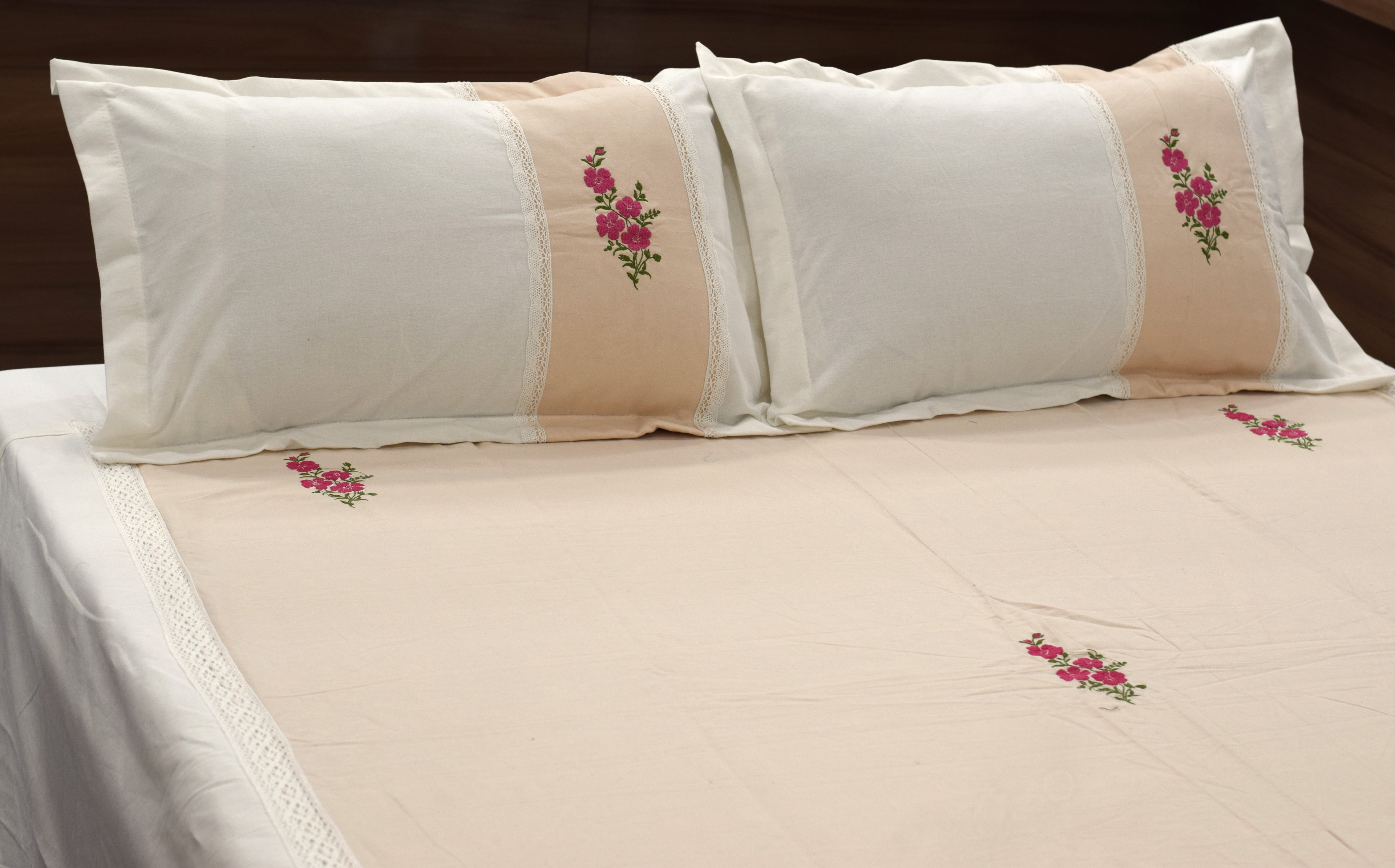 Premium King Size Cotton Bedspread Set with 2 Pillow Covers | Elegant Floral Embroidery | 96 x 104 Inches