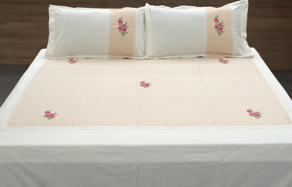 Premium King Size Cotton Bedspread Set with 2 Pillow Covers | Elegant Floral Embroidery | 96 x 104 Inches