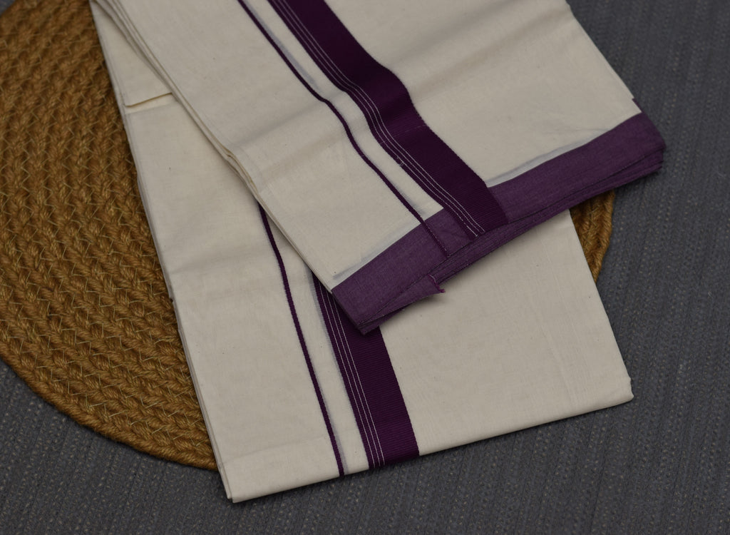 Kodi Color Double Mundu –Off White Cotton Traditional Kerala Dhoti with Purple Border | Onam & Wedding Wear