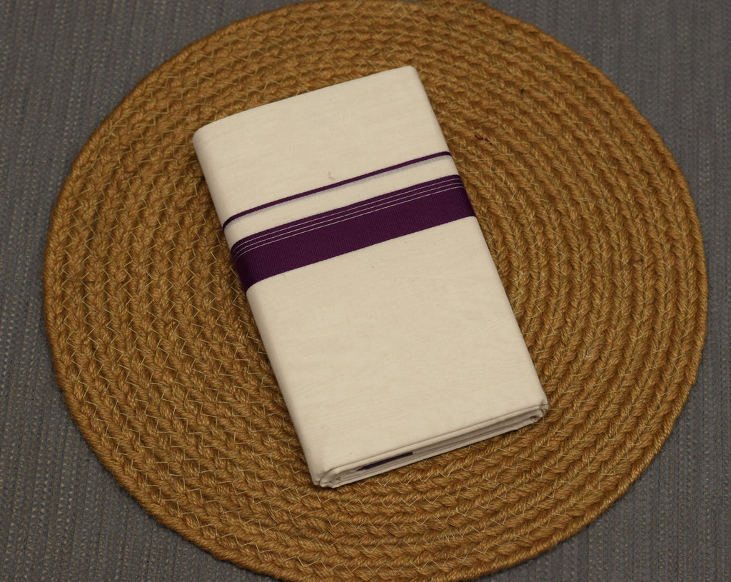 Kodi Color Double Mundu –Off White Cotton Traditional Kerala Dhoti with Purple Border | Onam & Wedding Wear