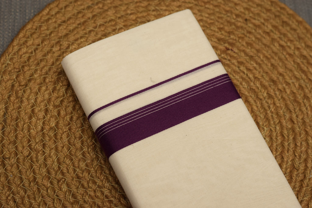 Kodi Color Double Mundu –Off White Cotton Traditional Kerala Dhoti with Purple Border | Onam & Wedding Wear