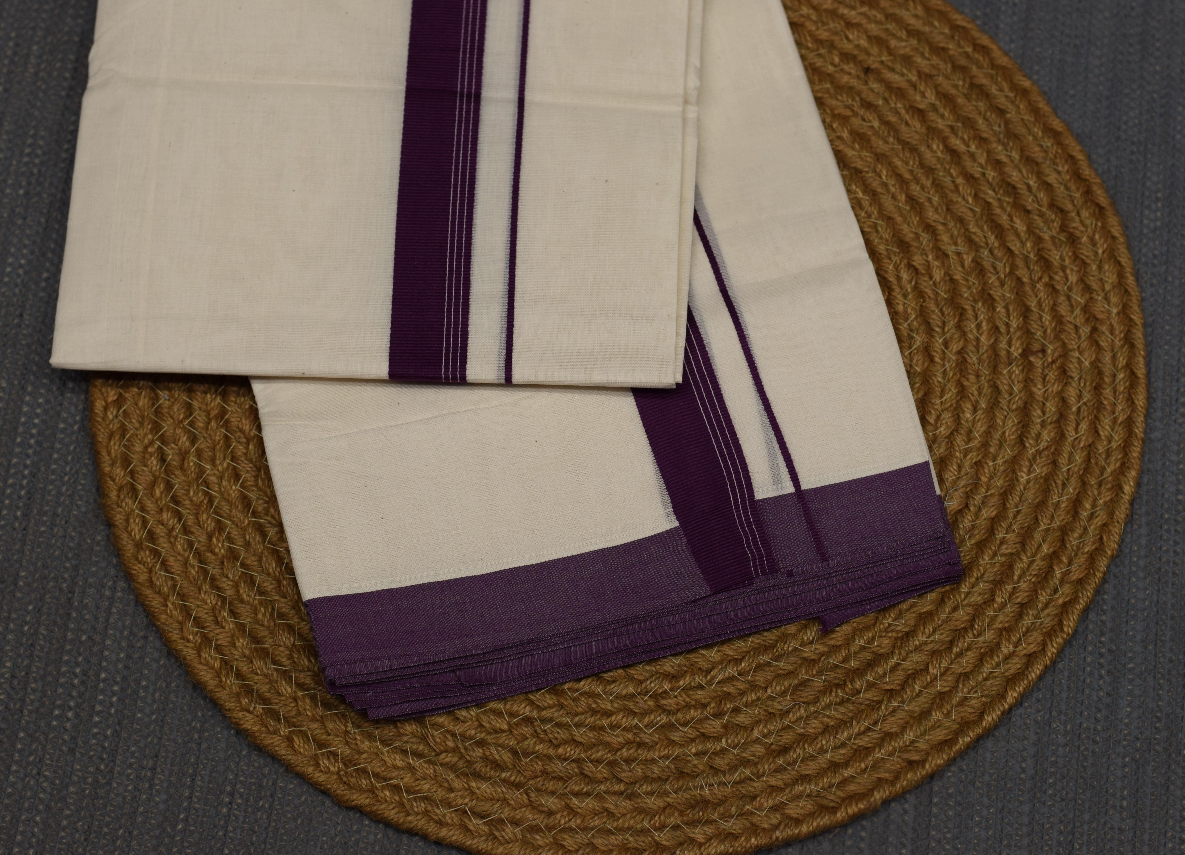 Kodi Color Double Mundu –Off White Cotton Traditional Kerala Dhoti with Purple Border | Onam & Wedding Wear