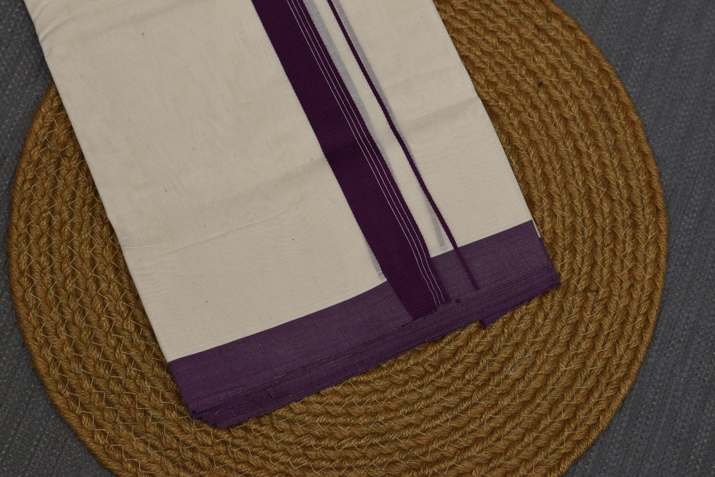 Kodi Color Double Mundu –Off White Cotton Traditional Kerala Dhoti with Purple Border | Onam & Wedding Wear