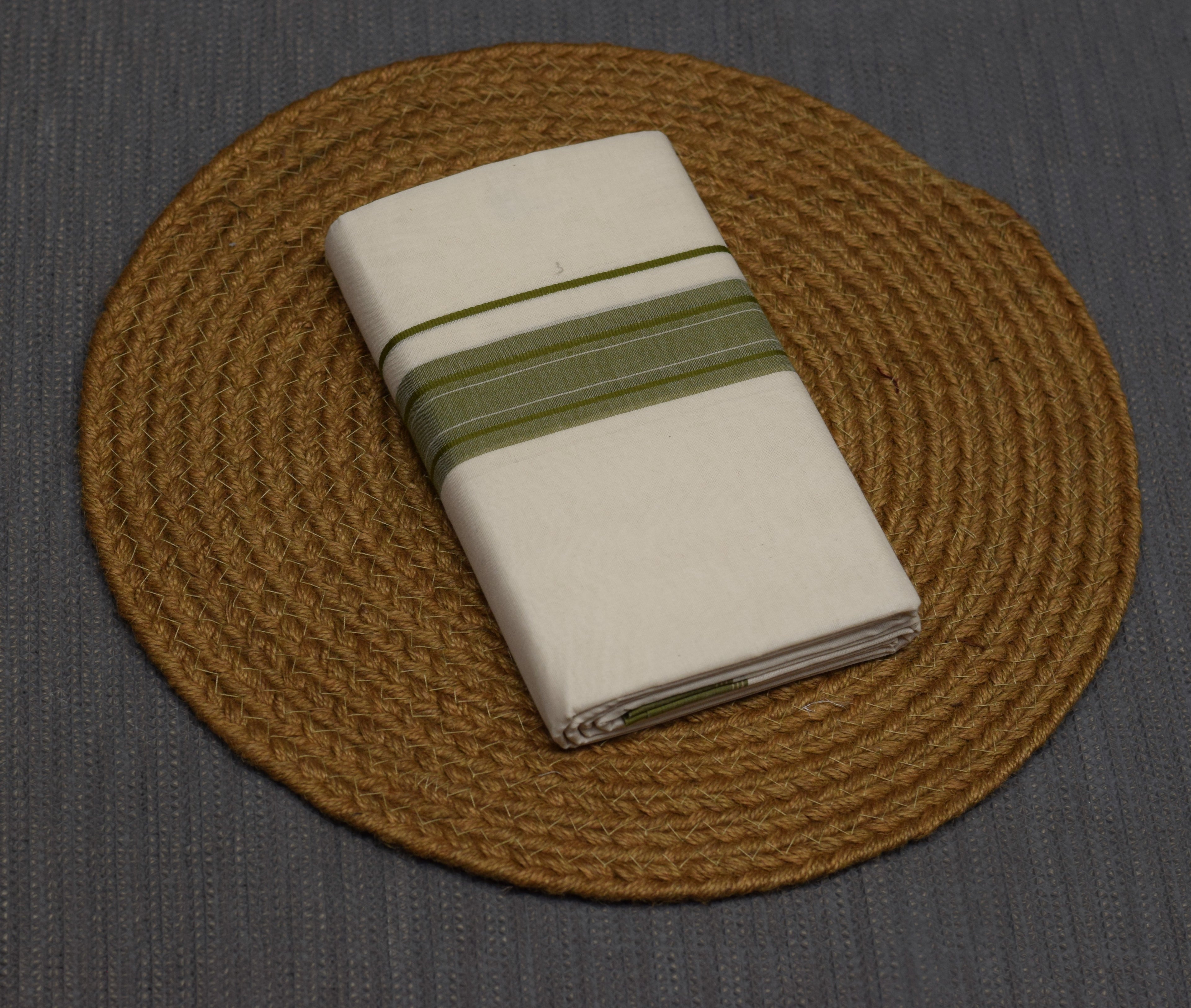 Kodi Color Double Mundu – Off White Cotton Traditional Kerala Dhoti with Olive Green Border
