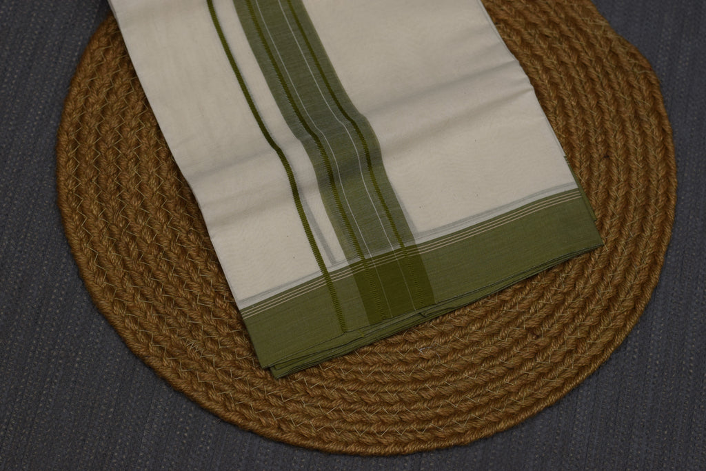 Kodi Color Double Mundu – Off White Cotton Traditional Kerala Dhoti with Olive Green Border