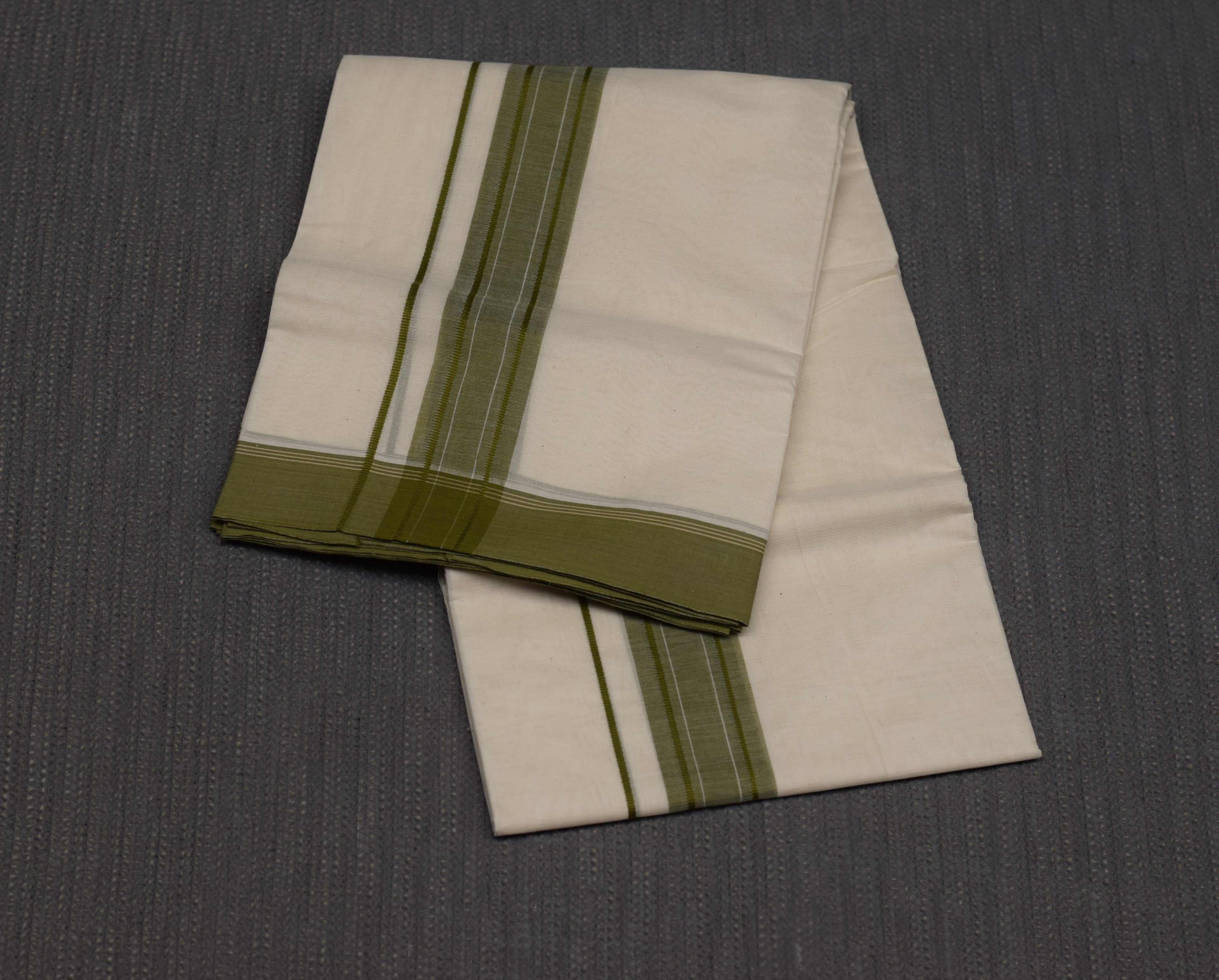 Kodi Color Double Mundu – Off White Cotton Traditional Kerala Dhoti with Olive Green Border