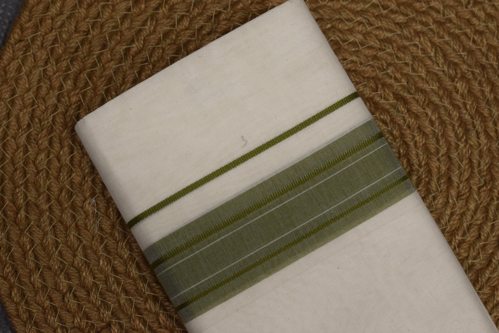 Kodi Color Double Mundu – Off White Cotton Traditional Kerala Dhoti with Olive Green Border