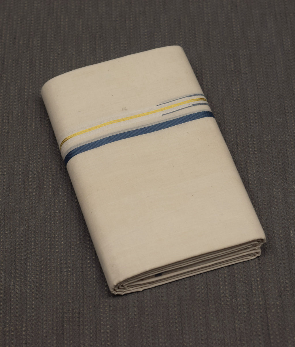 Traditional Kerala Kodi Double Mundu – Off-White Cotton with Blue & Gold Border | Premium Men's Dhoti