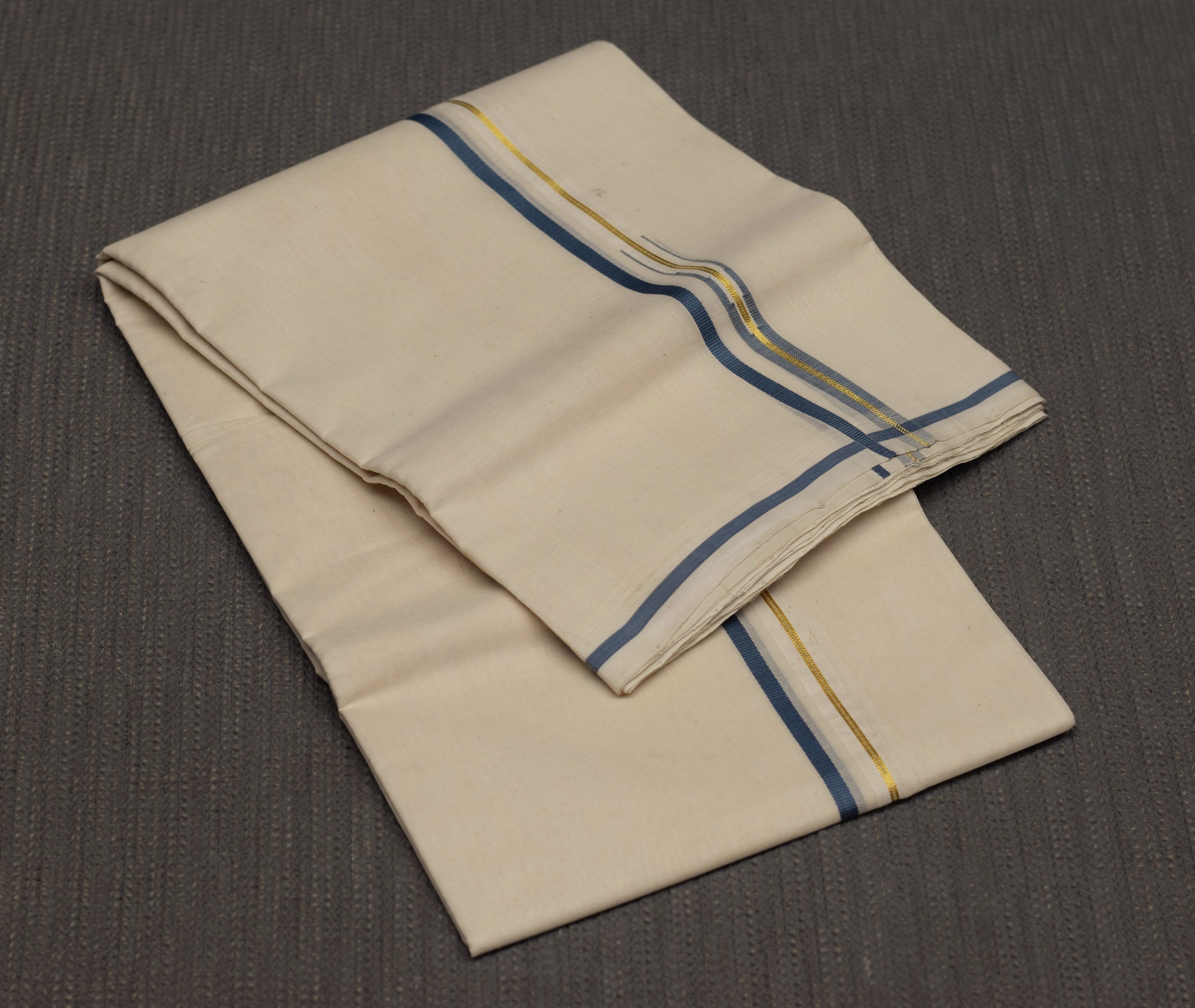 Traditional Kerala Kodi Double Mundu – Off-White Cotton with Blue & Gold Border | Premium Men's Dhoti