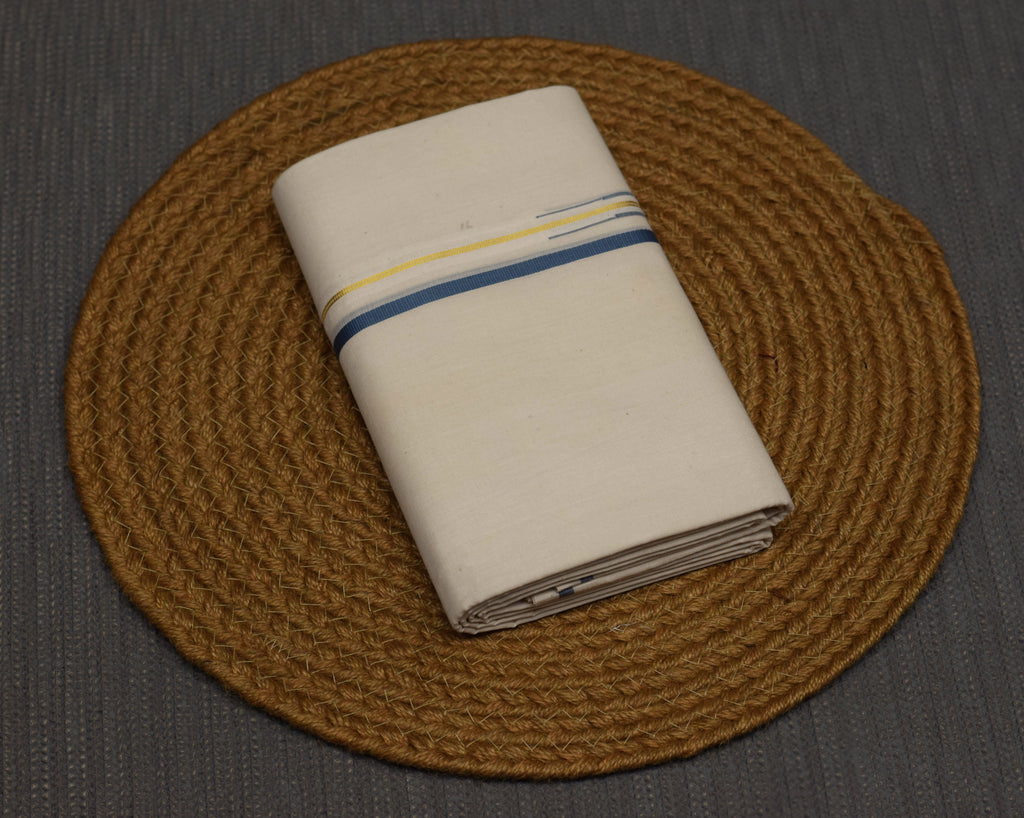 Traditional Kerala Kodi Double Mundu – Off-White Cotton with Blue & Gold Border | Premium Men's Dhoti