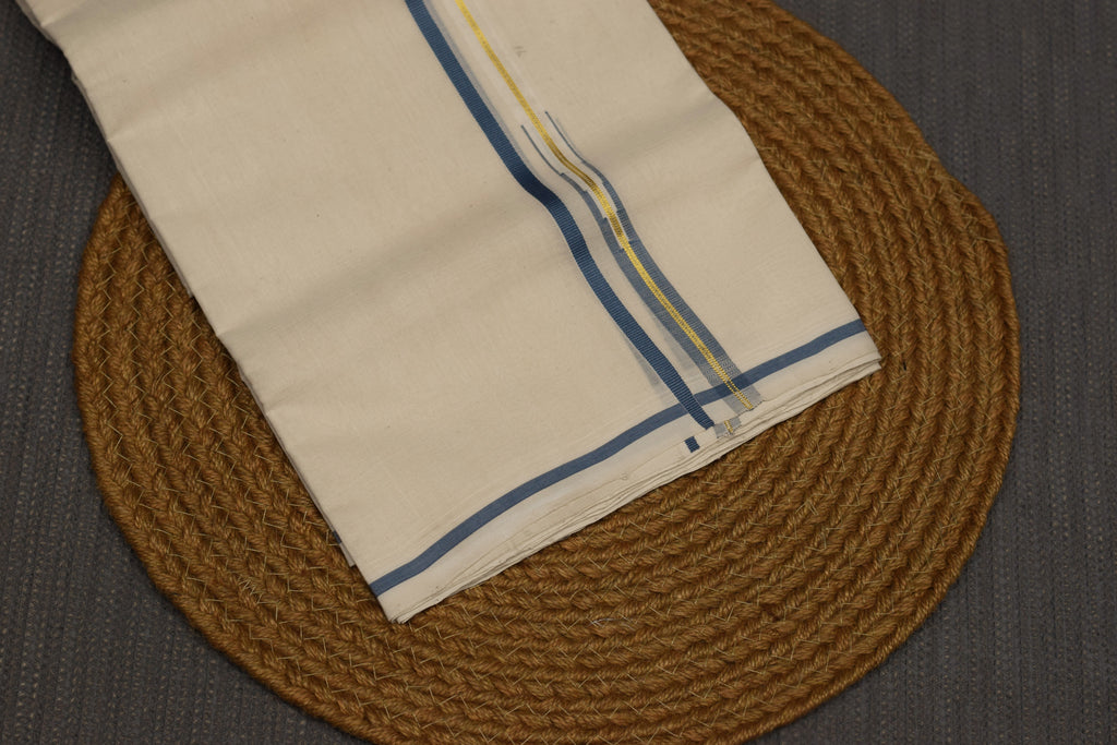 Traditional Kerala Kodi Double Mundu – Off-White Cotton with Blue & Gold Border | Premium Men's Dhoti