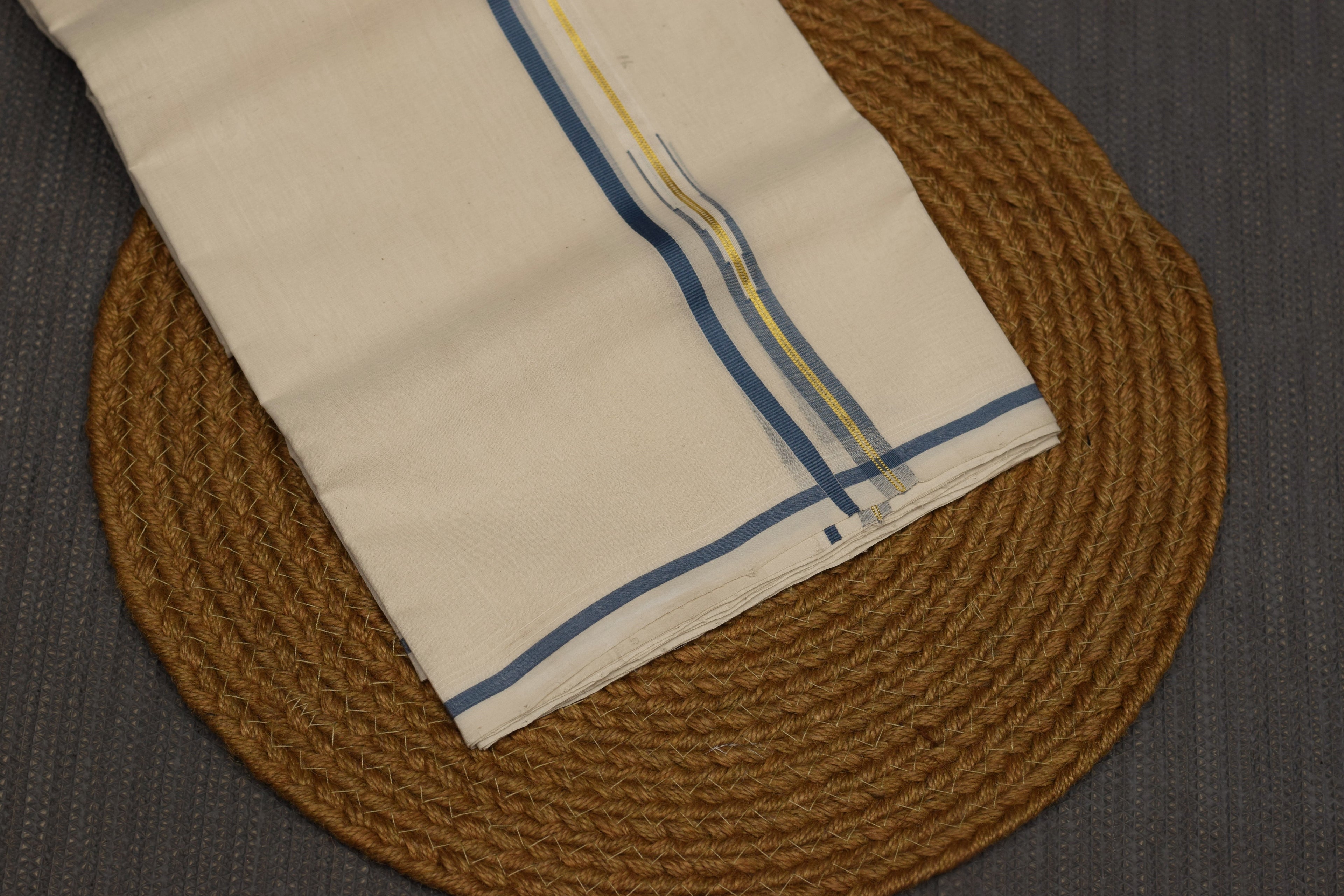 Traditional Kerala Kodi Double Mundu – Off-White Cotton with Blue & Gold Border | Premium Men's Dhoti