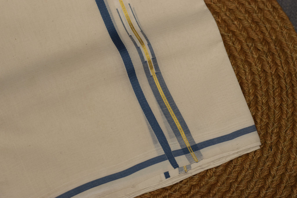 Traditional Kerala Kodi Double Mundu – Off-White Cotton with Blue & Gold Border | Premium Men's Dhoti