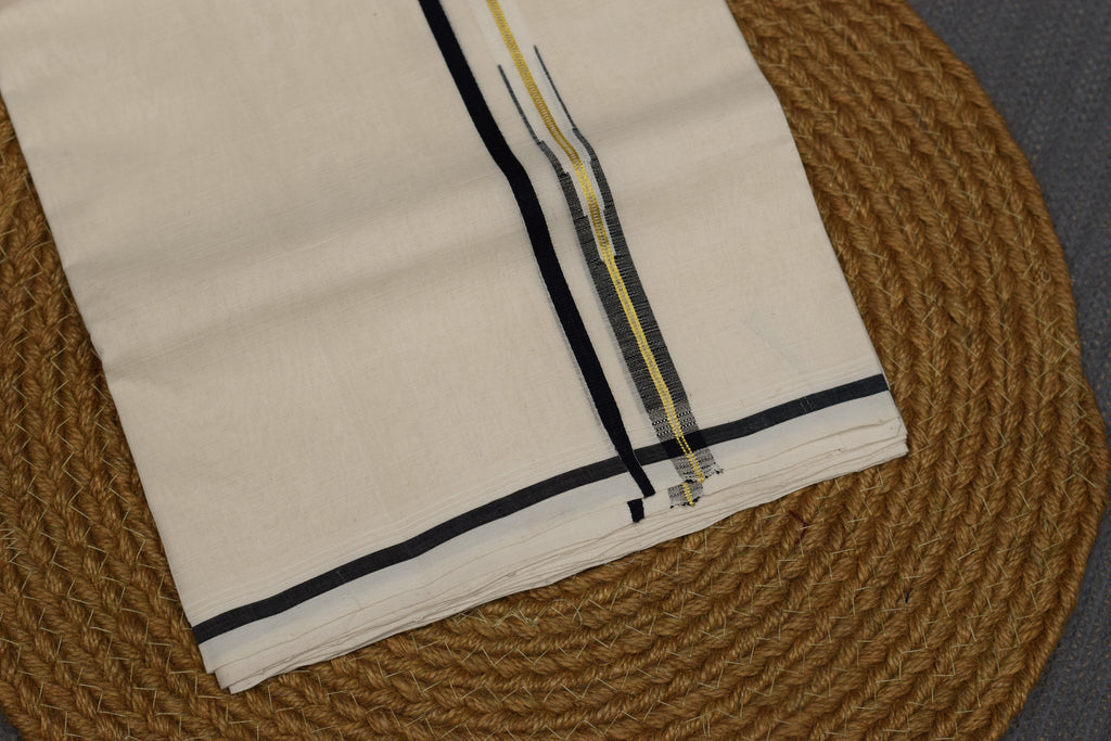 Kerala Traditional Kodi Color Double Mundu with Black & Gold Kasavu Border | Premium Cotton Men's Dhoti