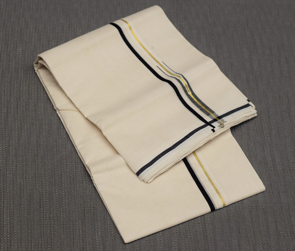 Kerala Traditional Kodi Color Double Mundu with Black & Gold Kasavu Border | Premium Cotton Men's Dhoti