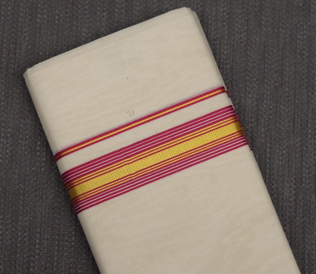 Traditional Kerala Kodi Double Mundu with Golden Zari & Dark Pink Border