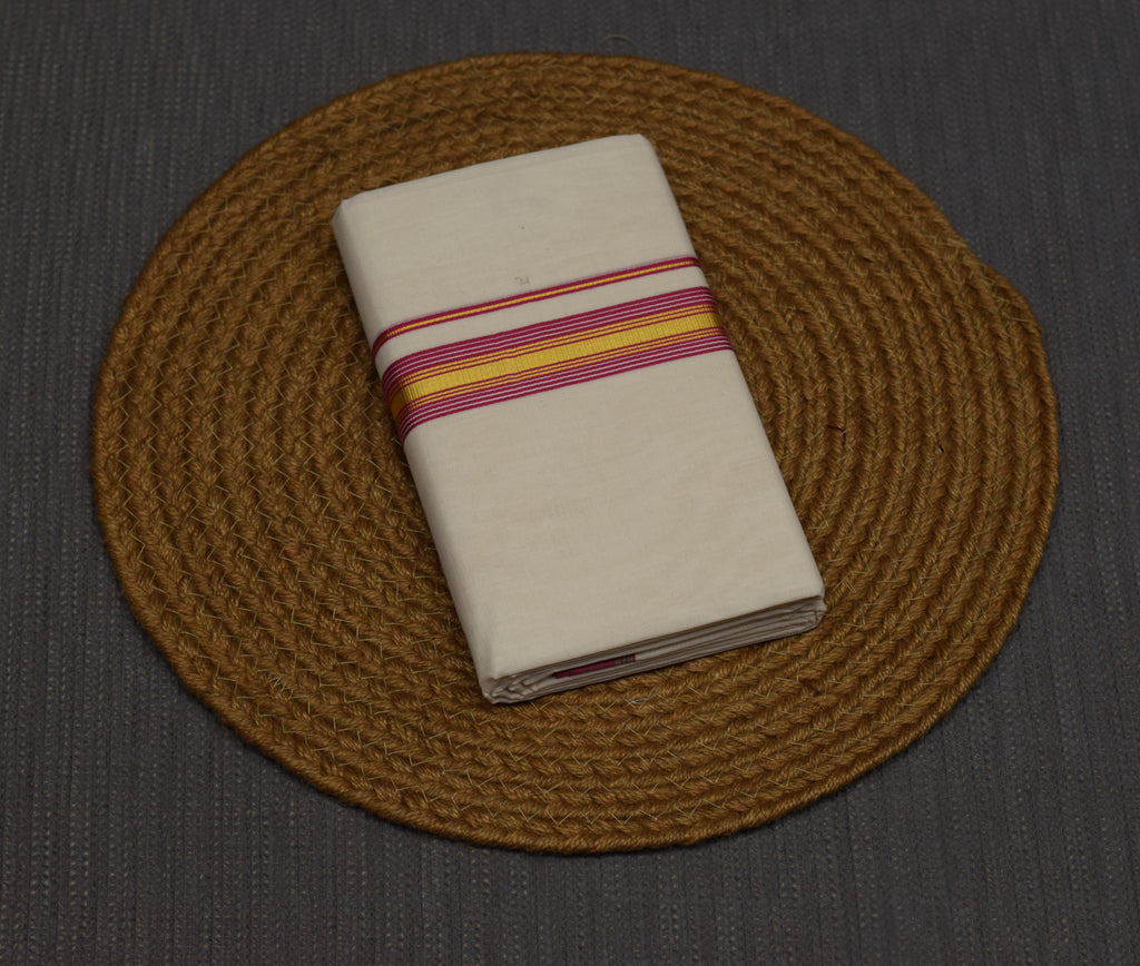 Traditional Kerala Kodi Double Mundu with Golden Zari & Dark Pink Border