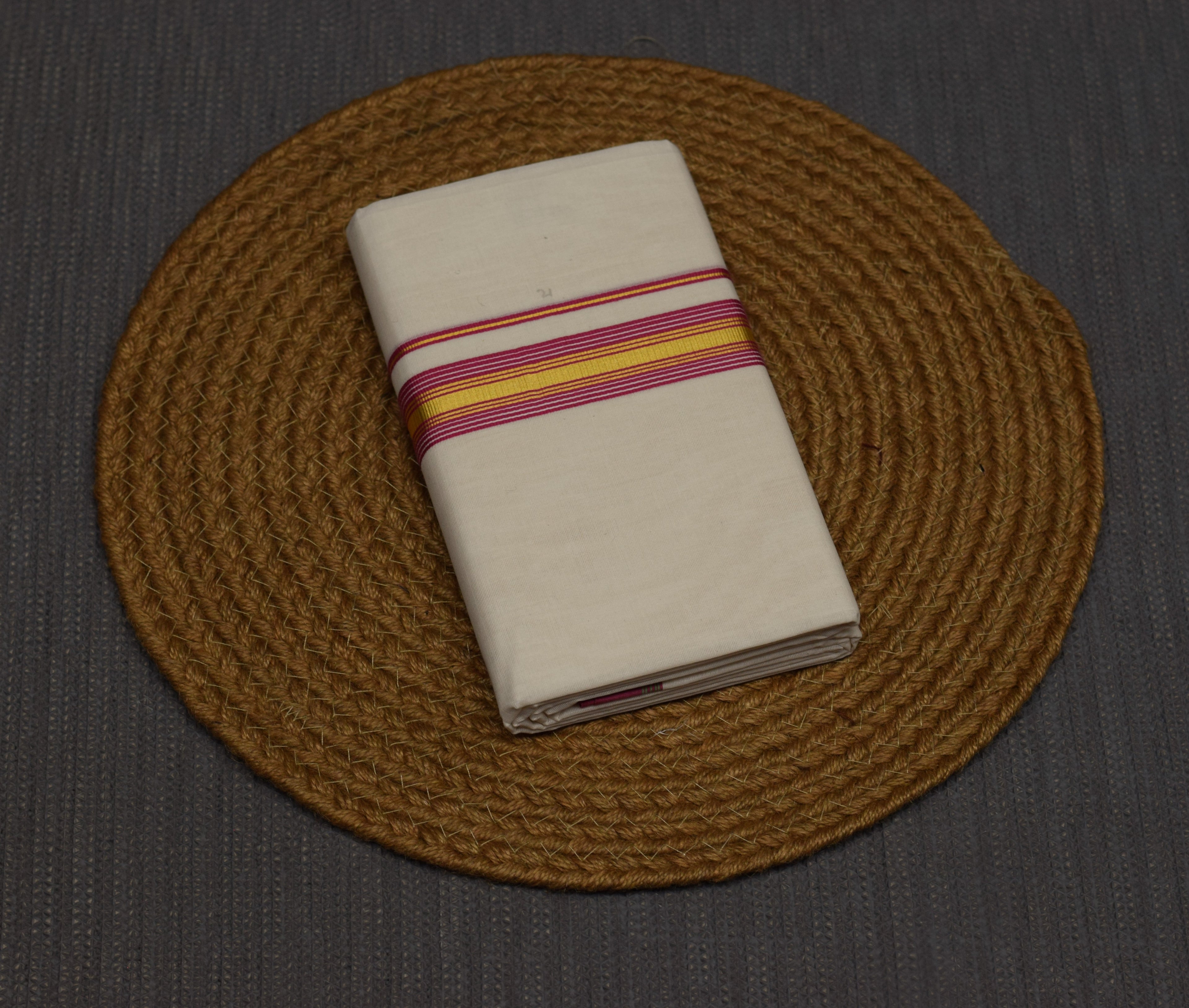 Traditional Kerala Kodi Double Mundu with Golden Zari & Dark Pink Border