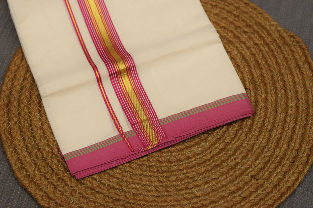 Traditional Kerala Kodi Double Mundu with Golden Zari & Dark Pink Border