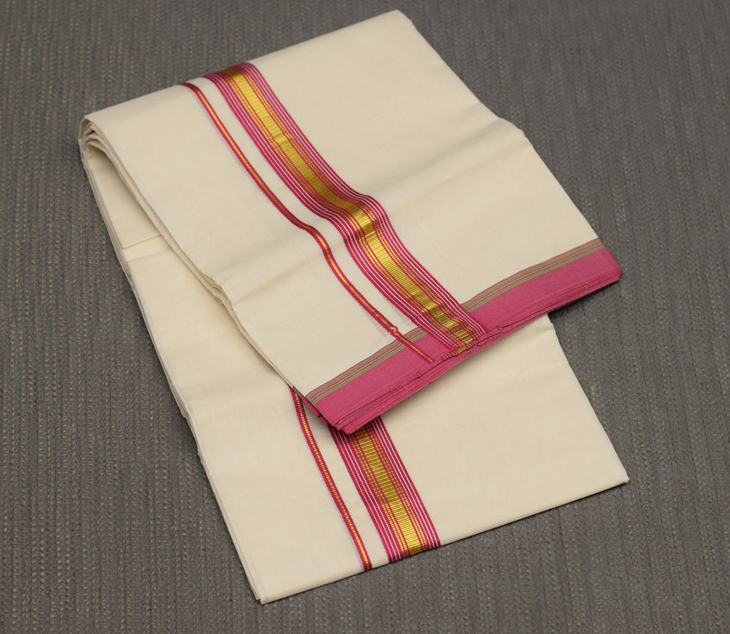 Traditional Kerala Kodi Double Mundu with Golden Zari & Dark Pink Border