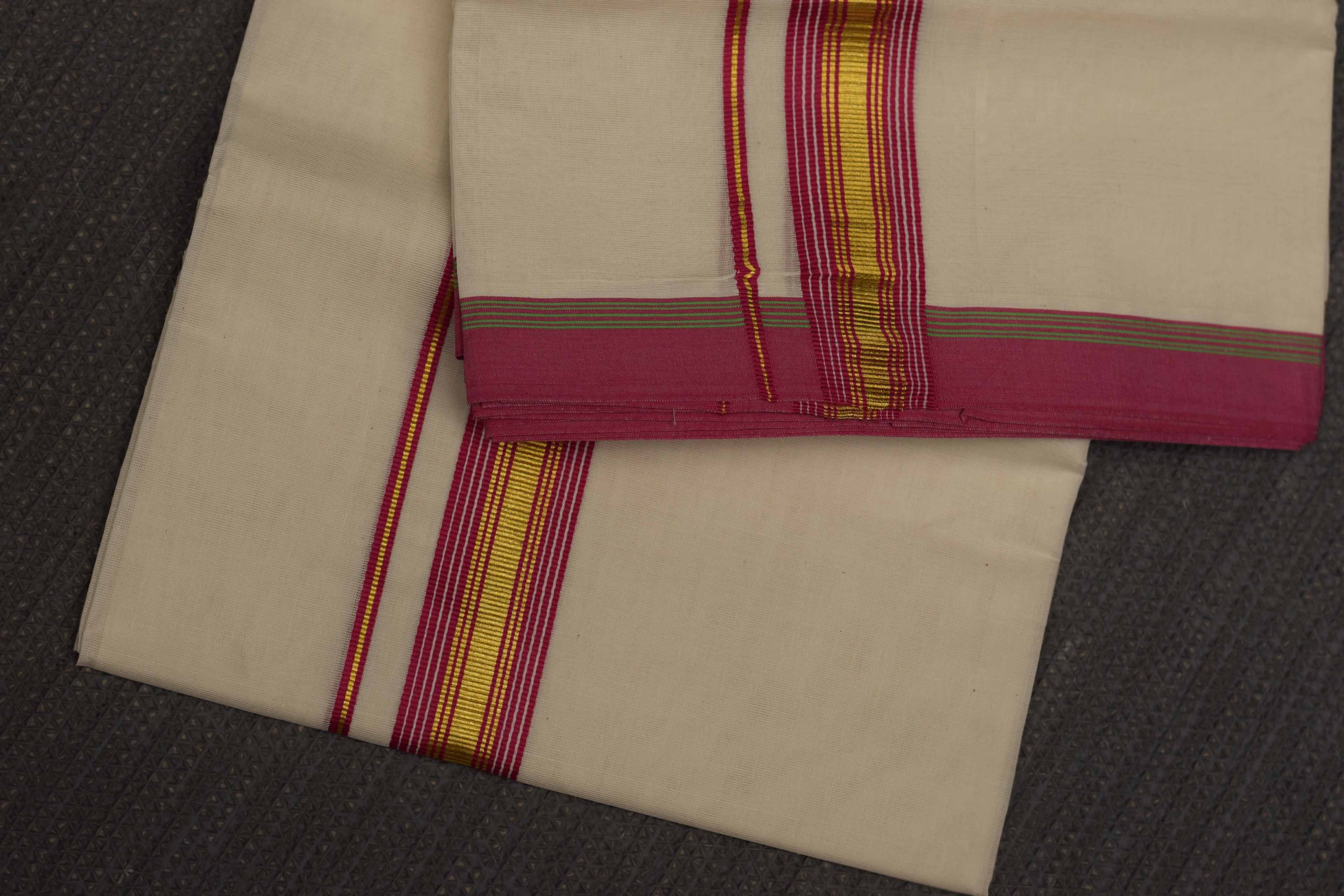 Traditional Kerala Kodi Double Mundu with Golden Zari & Dark Pink Border