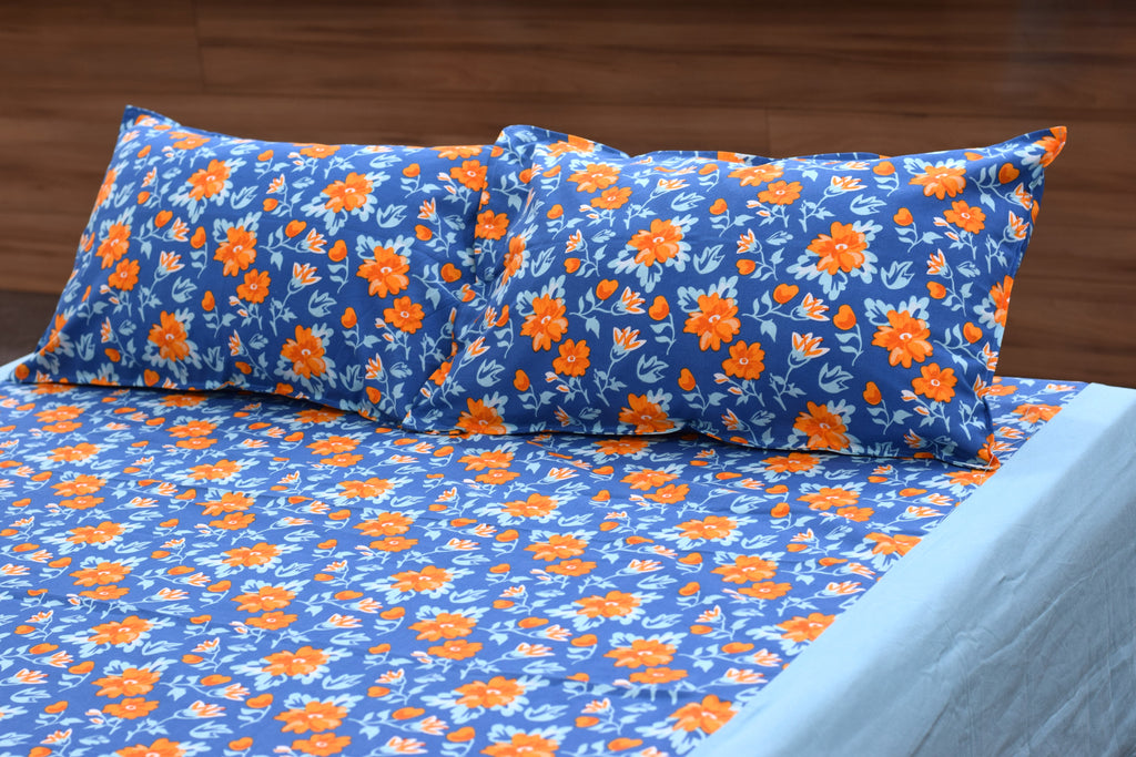 Queen Size Floral Bedsheet with 2 Pillow Covers | Blue & Orange Flower Print | Soft & Comfortable