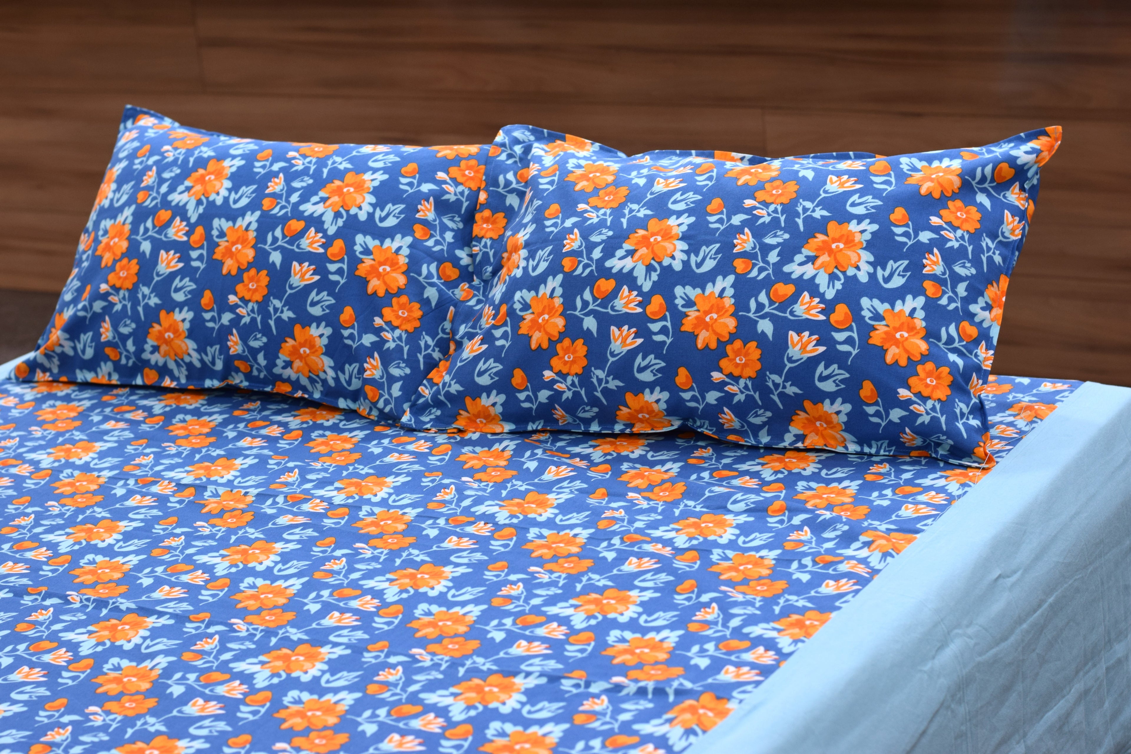 Queen Size Floral Bedsheet with 2 Pillow Covers | Blue & Orange Flower Print | Soft & Comfortable