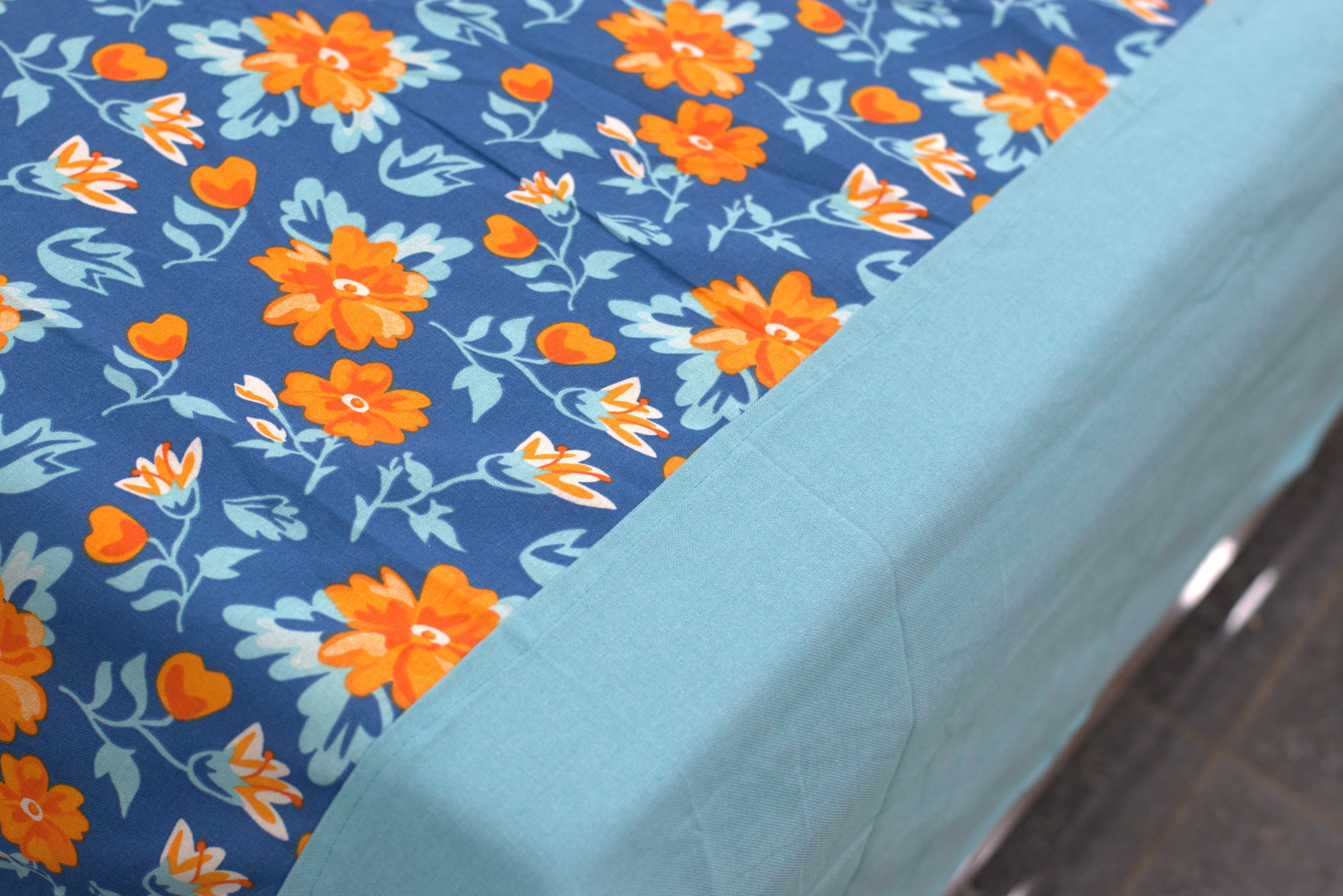 Queen Size Floral Bedsheet with 2 Pillow Covers | Blue & Orange Flower Print | Soft & Comfortable