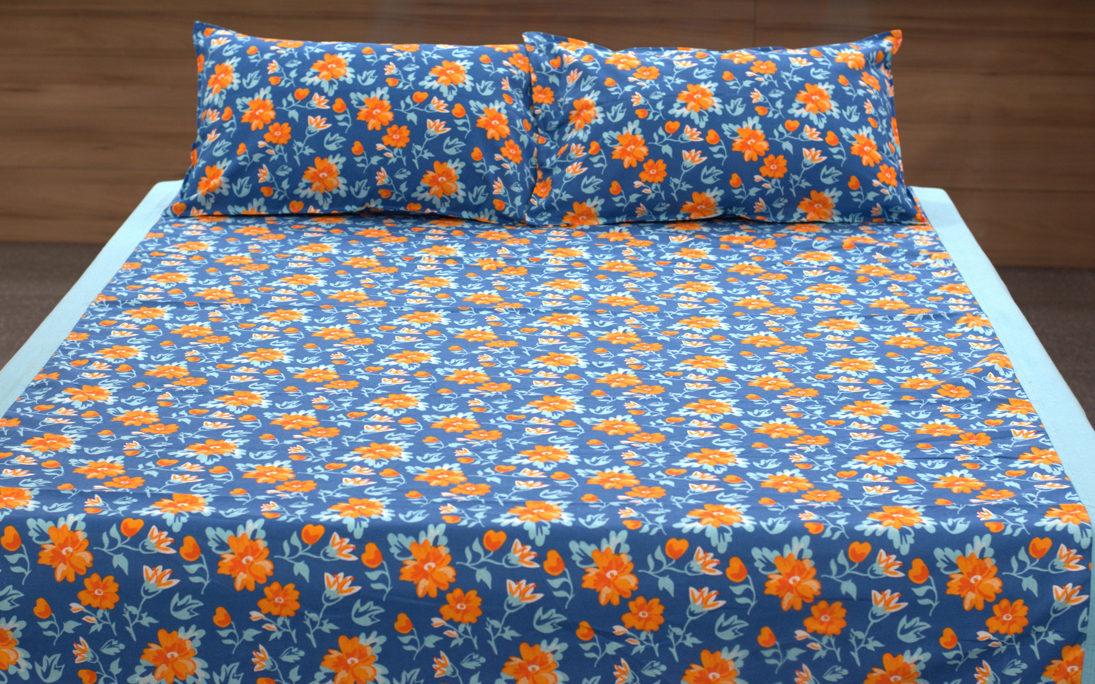 Queen Size Floral Bedsheet with 2 Pillow Covers | Blue & Orange Flower Print | Soft & Comfortable