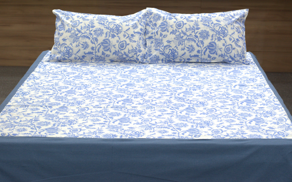 Premium Queen Size Cotton Bedsheet with 2 Pillow Covers – Blue Floral Vine Print