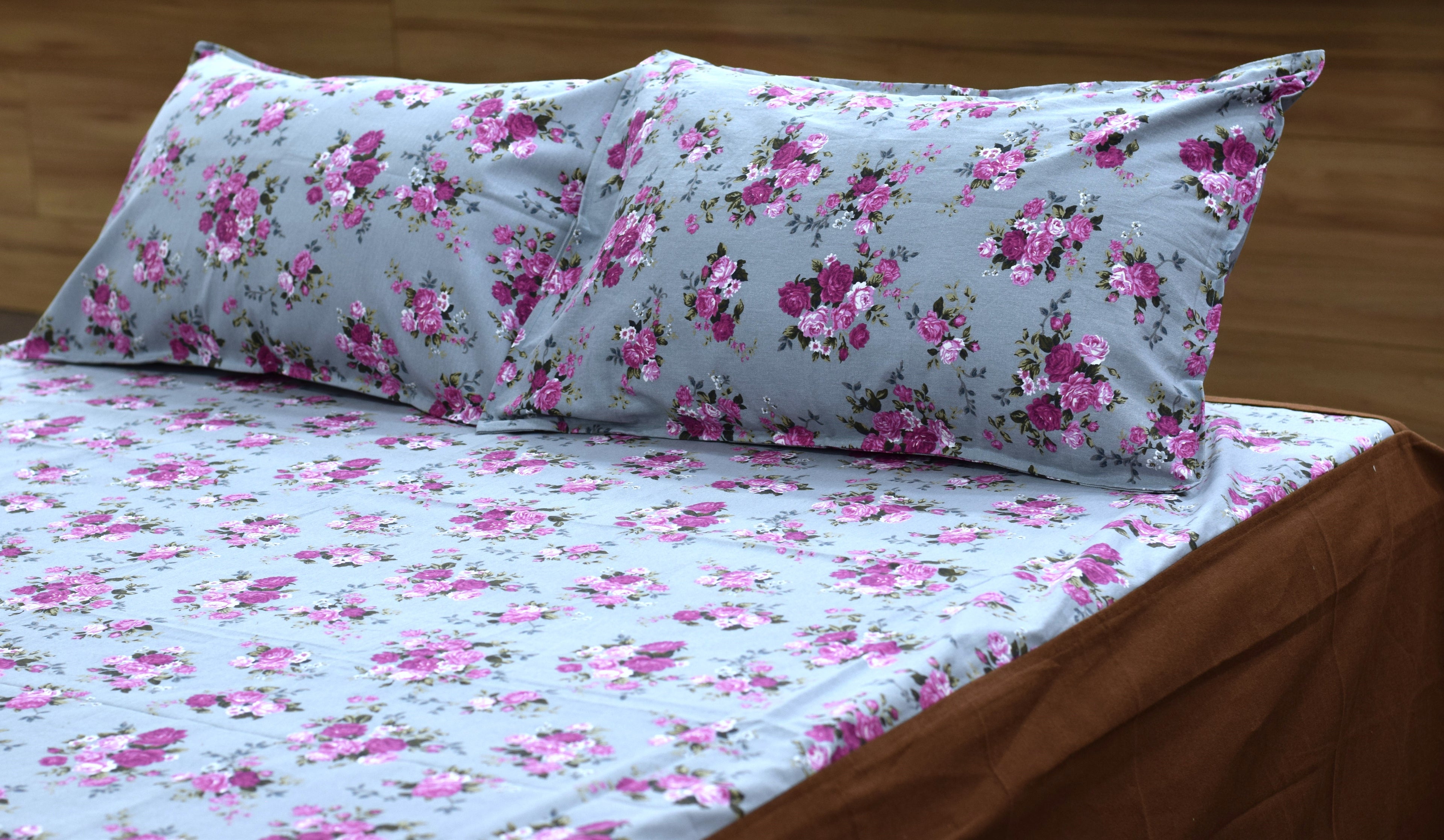 King Size Floral Cotton Bedsheet with 2 Pillow Covers | Light Blue & Pink Rose Print |