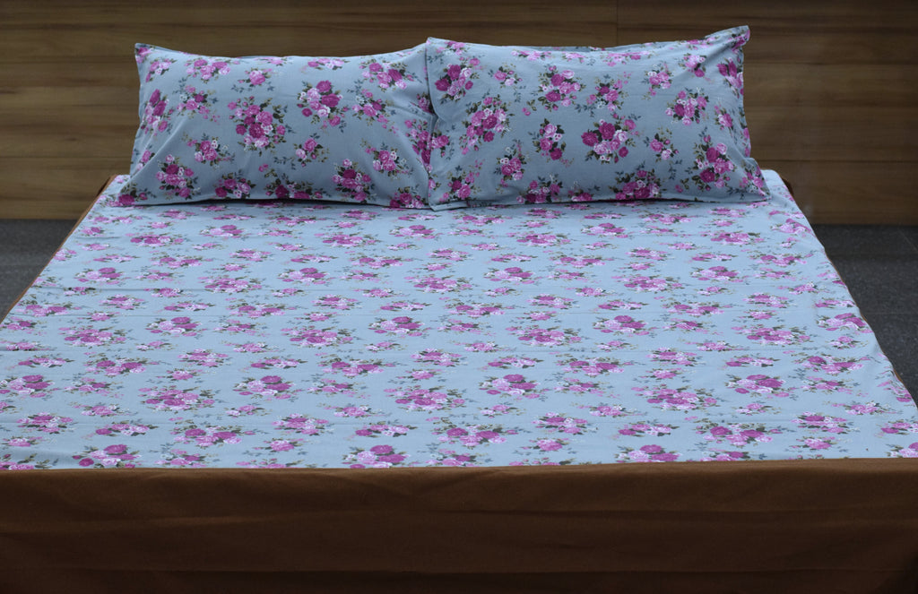 King Size Floral Cotton Bedsheet with 2 Pillow Covers | Light Blue & Pink Rose Print |