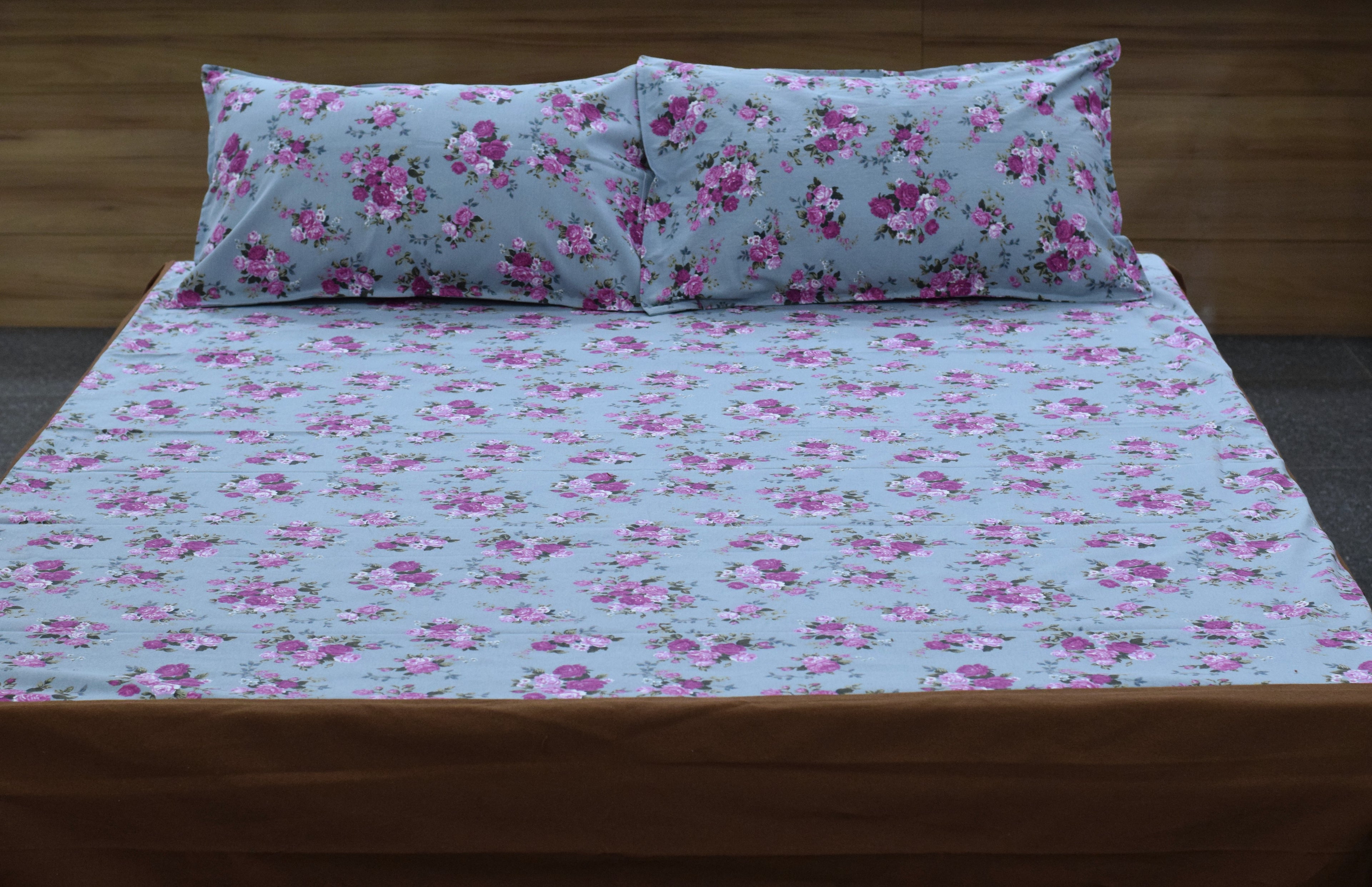 King Size Floral Cotton Bedsheet with 2 Pillow Covers | Light Blue & Pink Rose Print |
