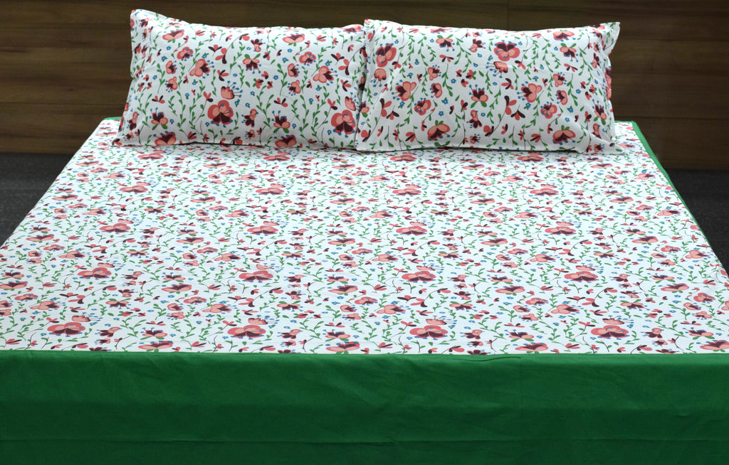 King Size Floral Printed Bedsheet with 2 Pillow Covers | White & Green |