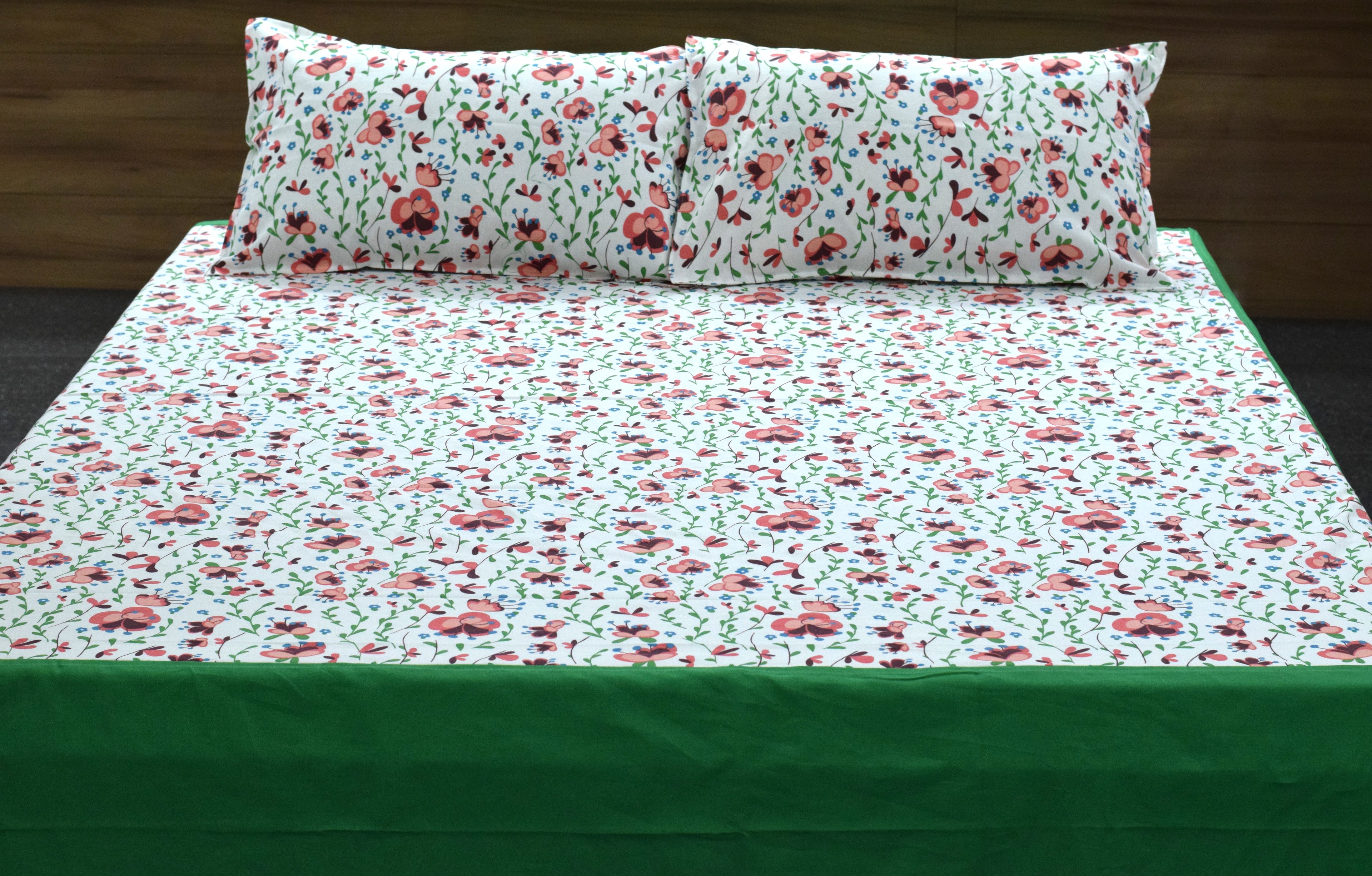 King Size Floral Printed Bedsheet with 2 Pillow Covers | White & Green |