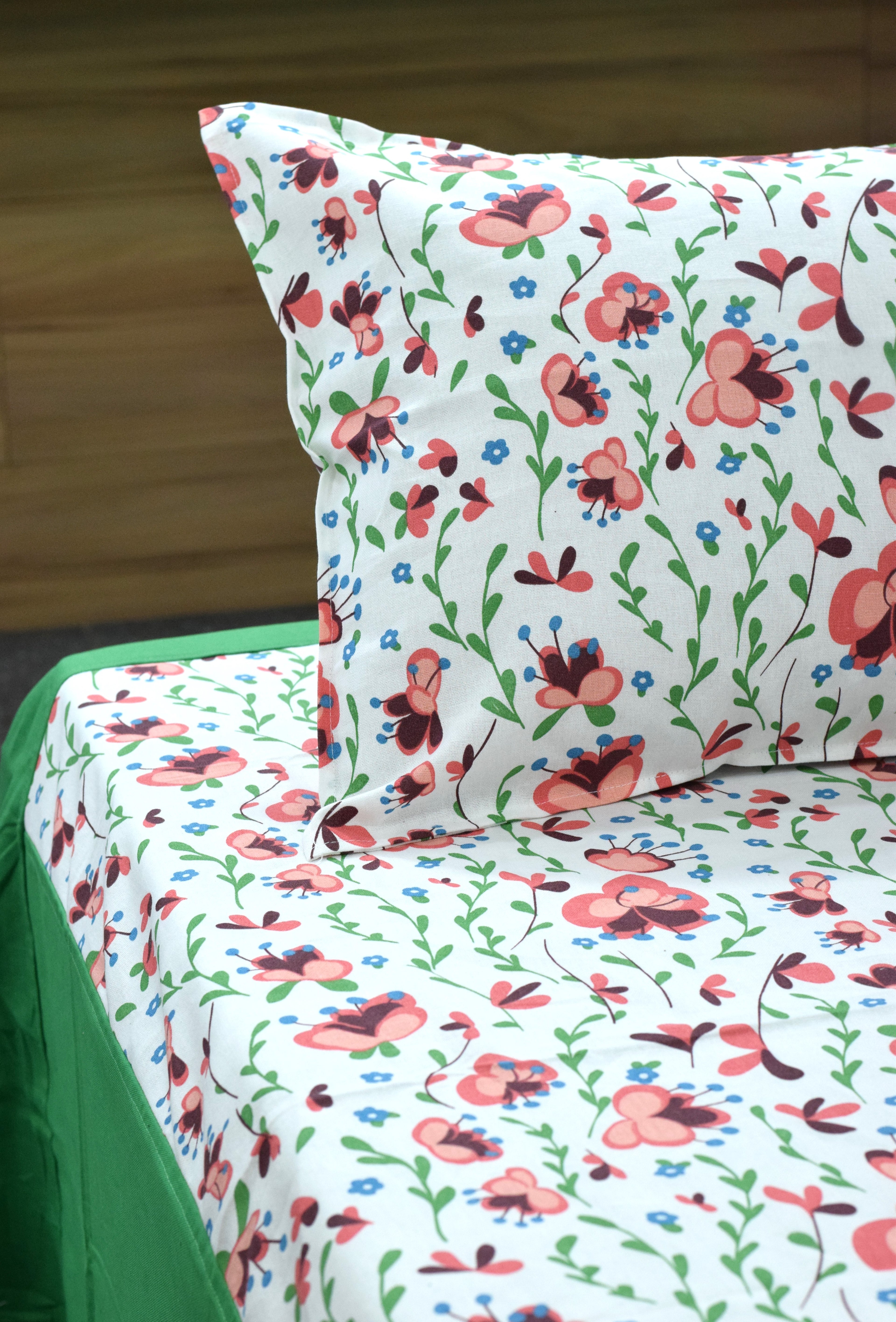 King Size Floral Printed Bedsheet with 2 Pillow Covers | White & Green |