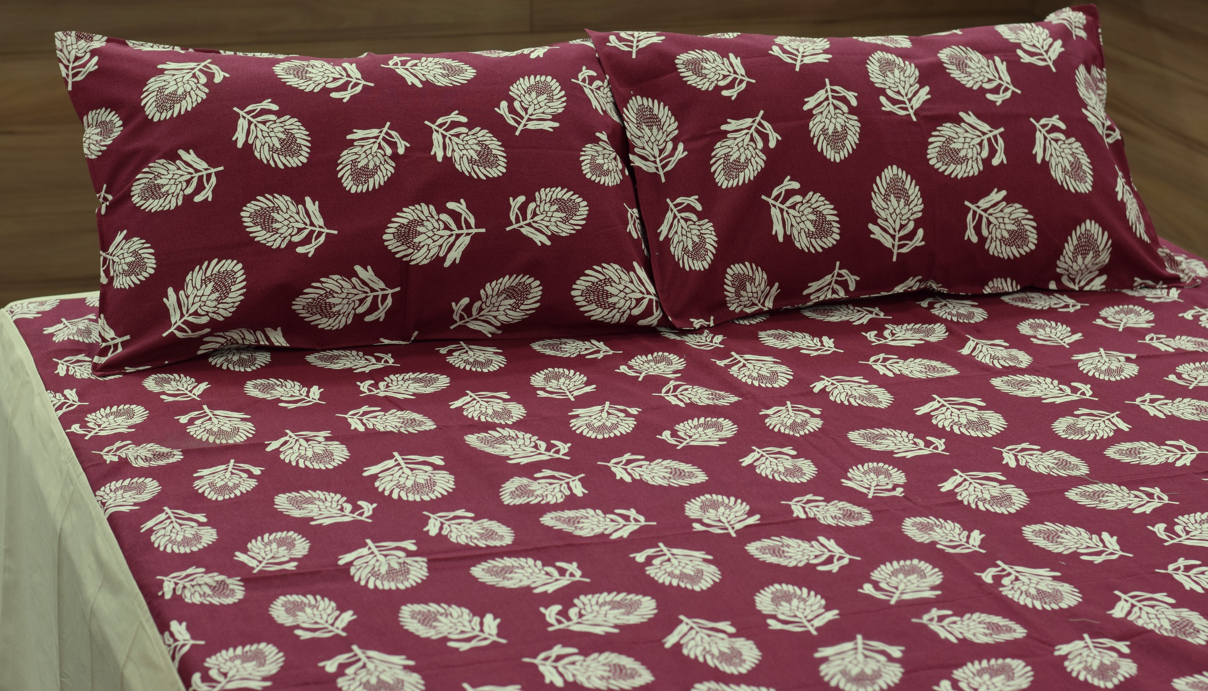 King Size Cotton Bedsheet with 2 Pillow Covers – Maroon Floral Leaf Print |