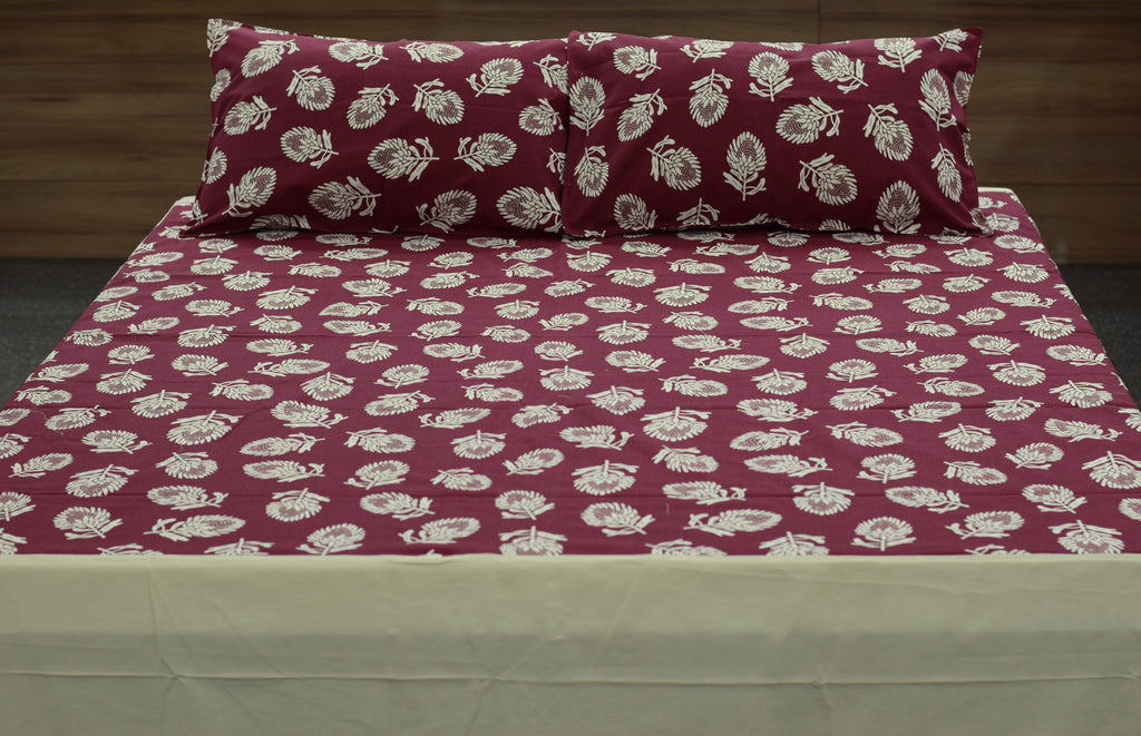 King Size Cotton Bedsheet with 2 Pillow Covers – Maroon Floral Leaf Print |
