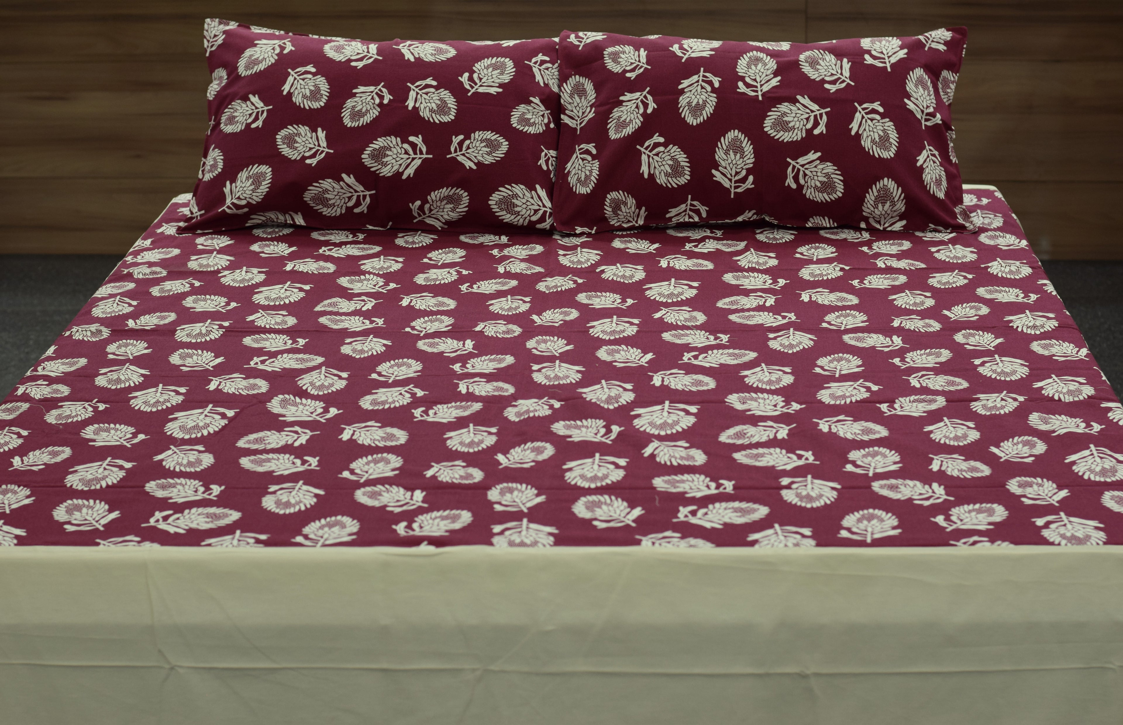 King Size Cotton Bedsheet with 2 Pillow Covers – Maroon Floral Leaf Print |