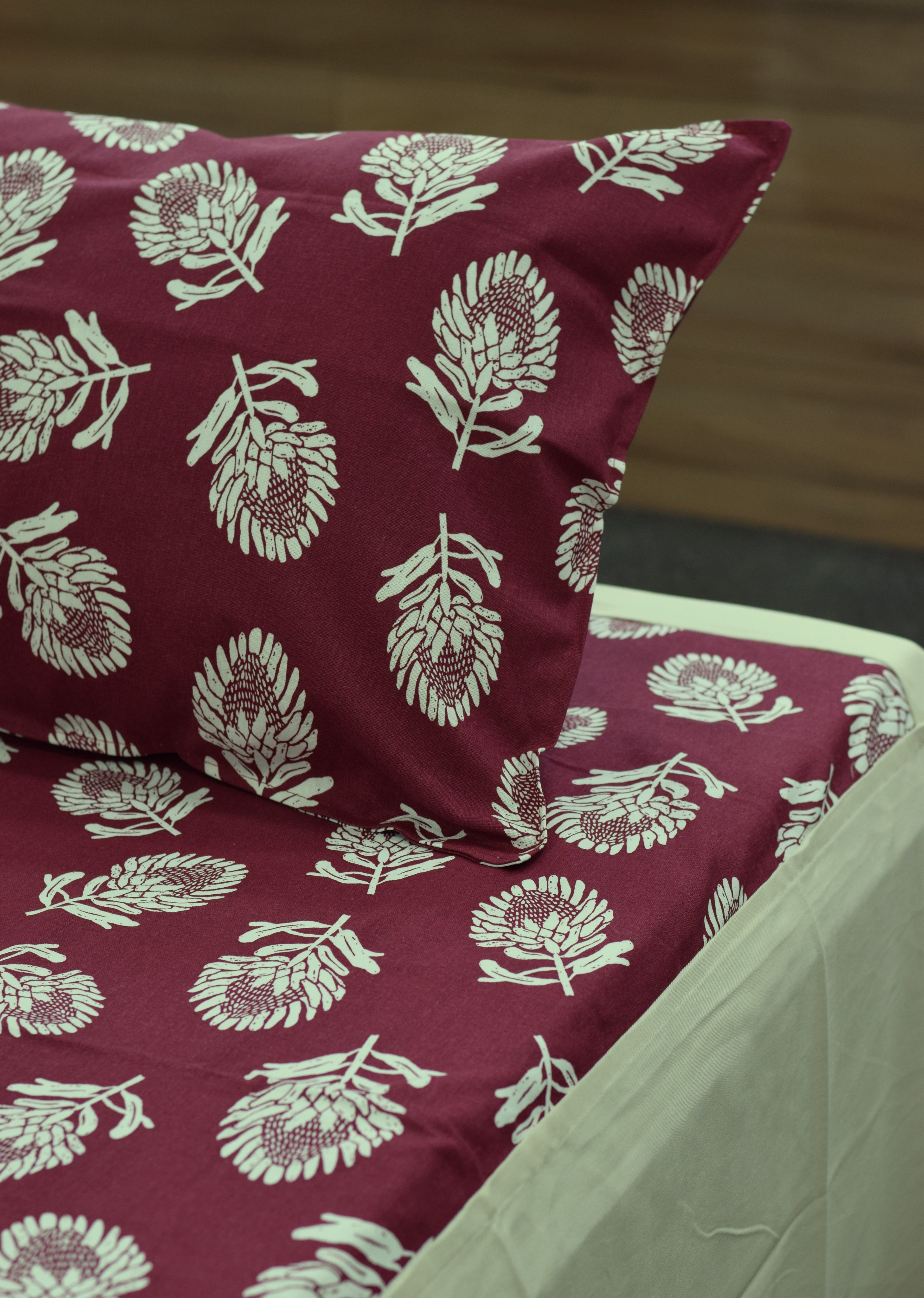 King Size Cotton Bedsheet with 2 Pillow Covers – Maroon Floral Leaf Print |