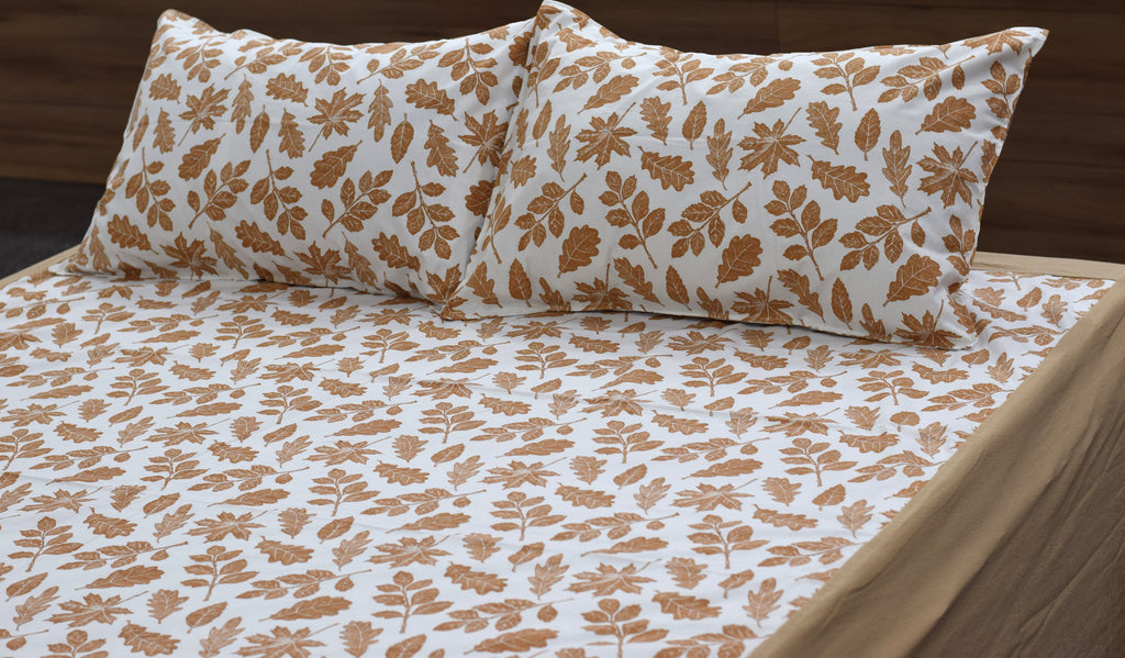 King Size Cotton Bedsheet with 2 Pillow Covers – White & Beige Leaf Print