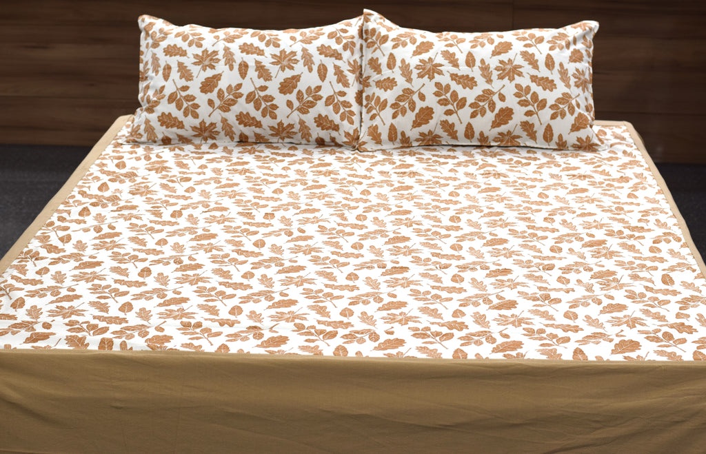 King Size Cotton Bedsheet with 2 Pillow Covers – White & Beige Leaf Print