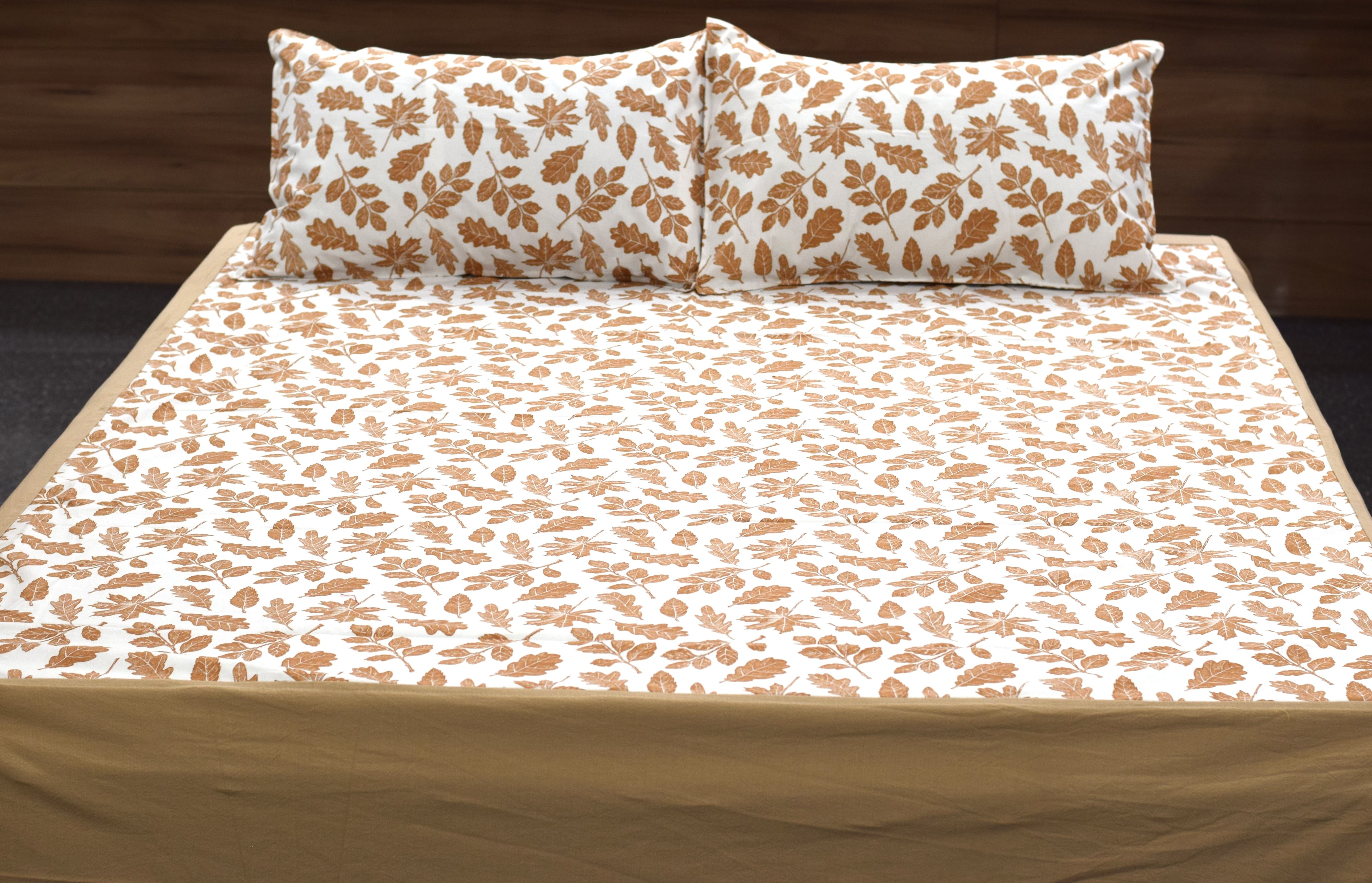 King Size Cotton Bedsheet with 2 Pillow Covers – White & Beige Leaf Print