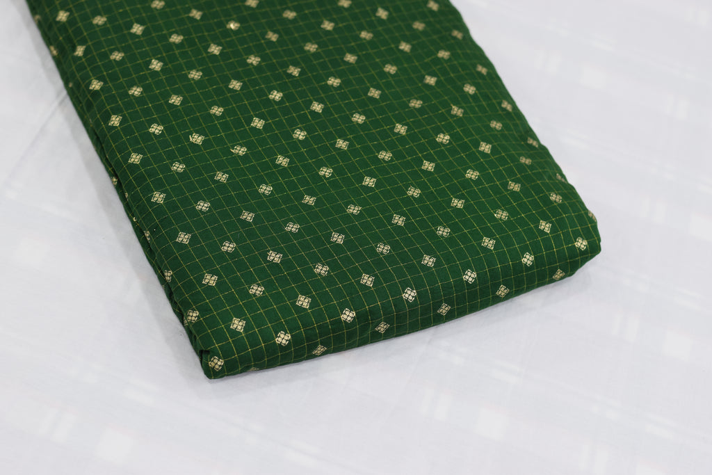 Green Brocade Silk Fabric for Blouses & Midi Tops | Gold Woven Design | Premium Dress Material