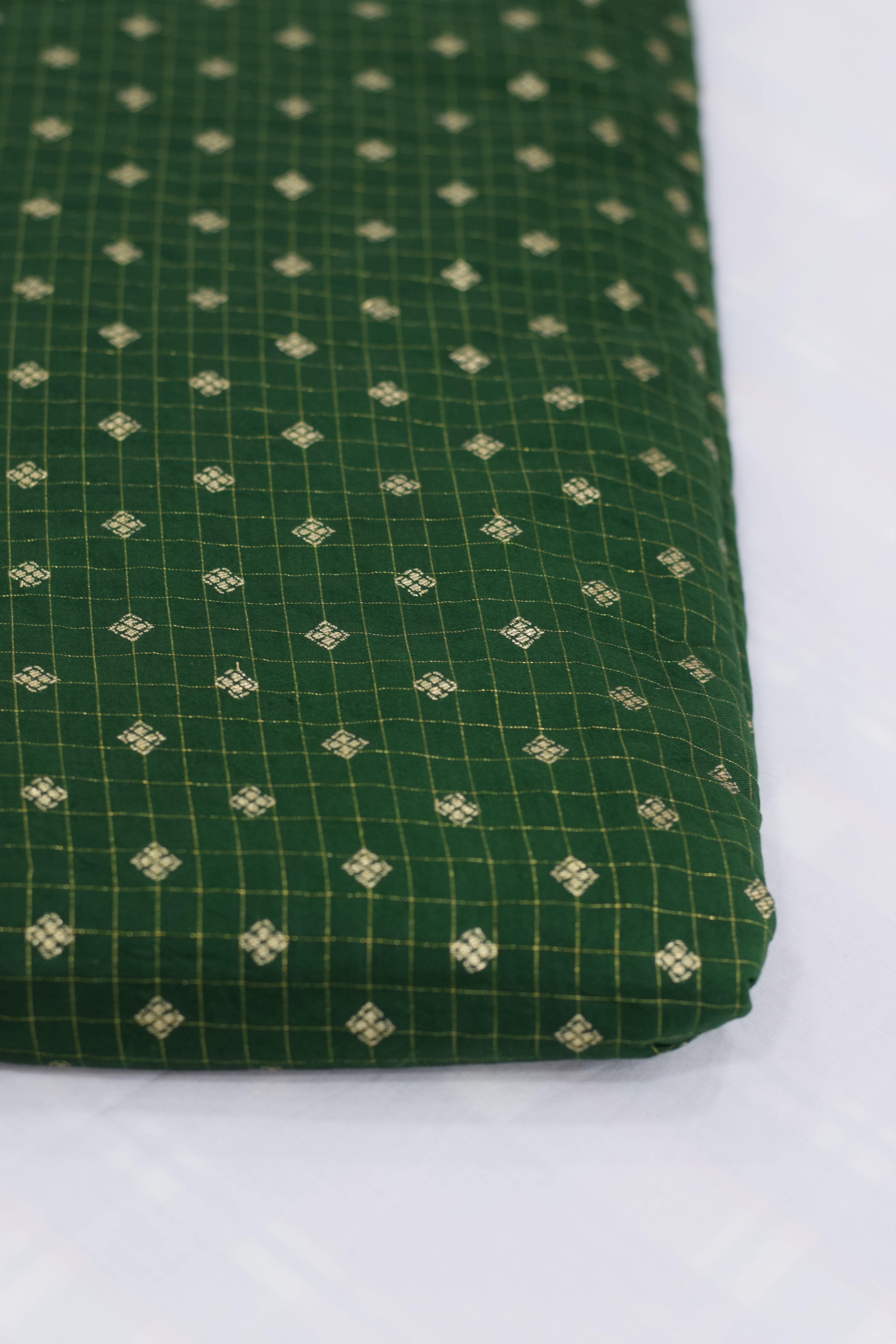 Green Brocade Silk Fabric for Blouses & Midi Tops | Gold Woven Design | Premium Dress Material