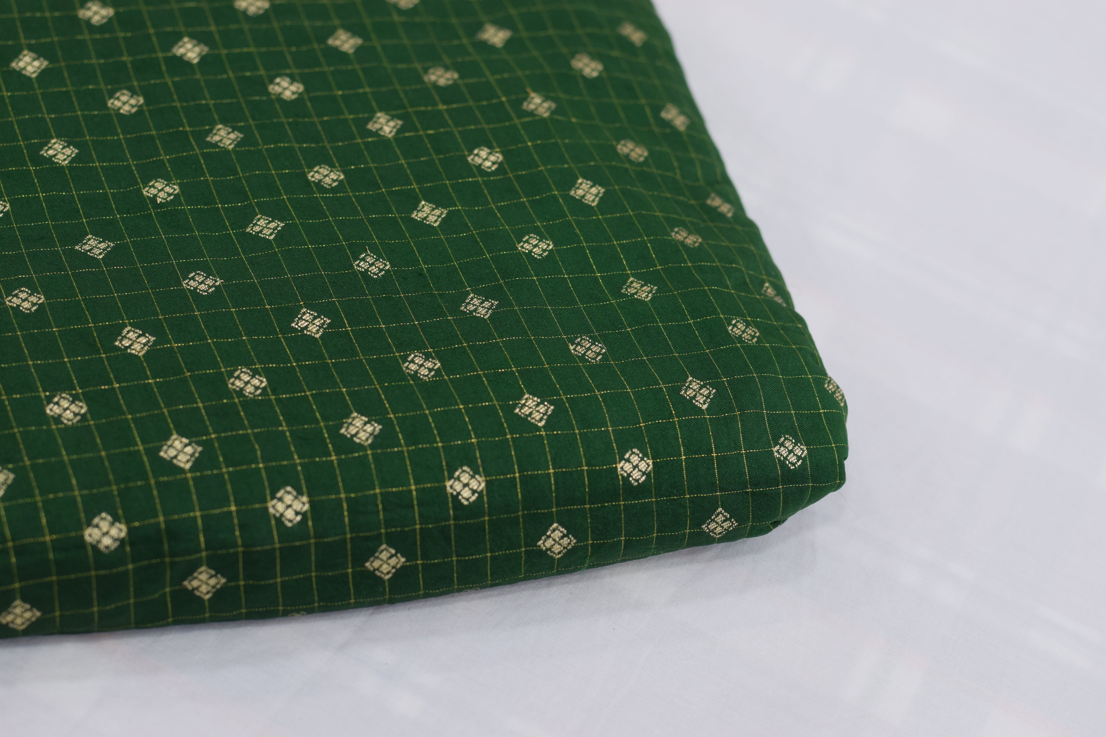Green Brocade Silk Fabric for Blouses & Midi Tops | Gold Woven Design | Premium Dress Material