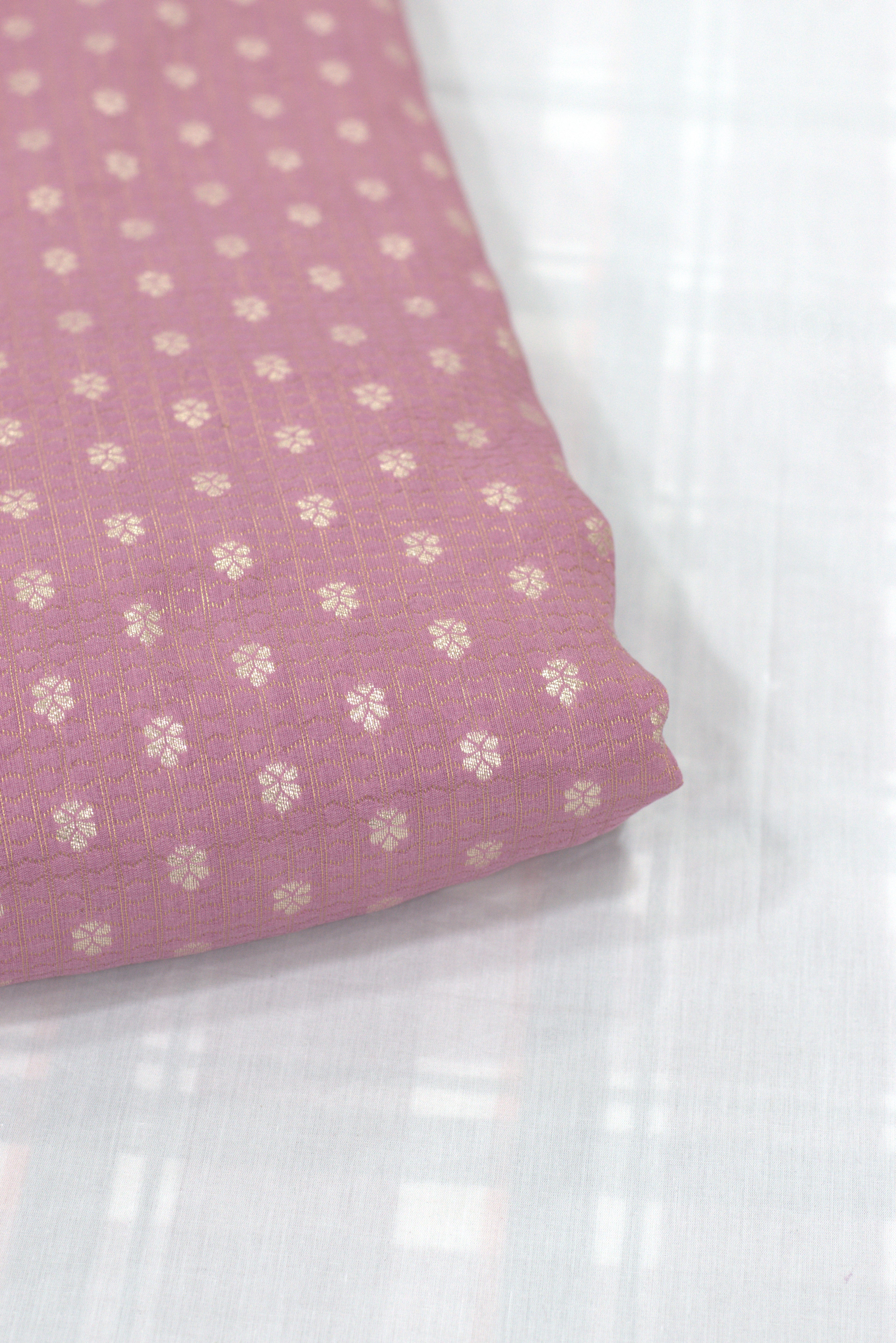 Premium Brocade Silk Fabric for Blouses & Midi Dresses – Soft Pink with Gold Floral Woven Design | 1.10m / 1.50m / 2m