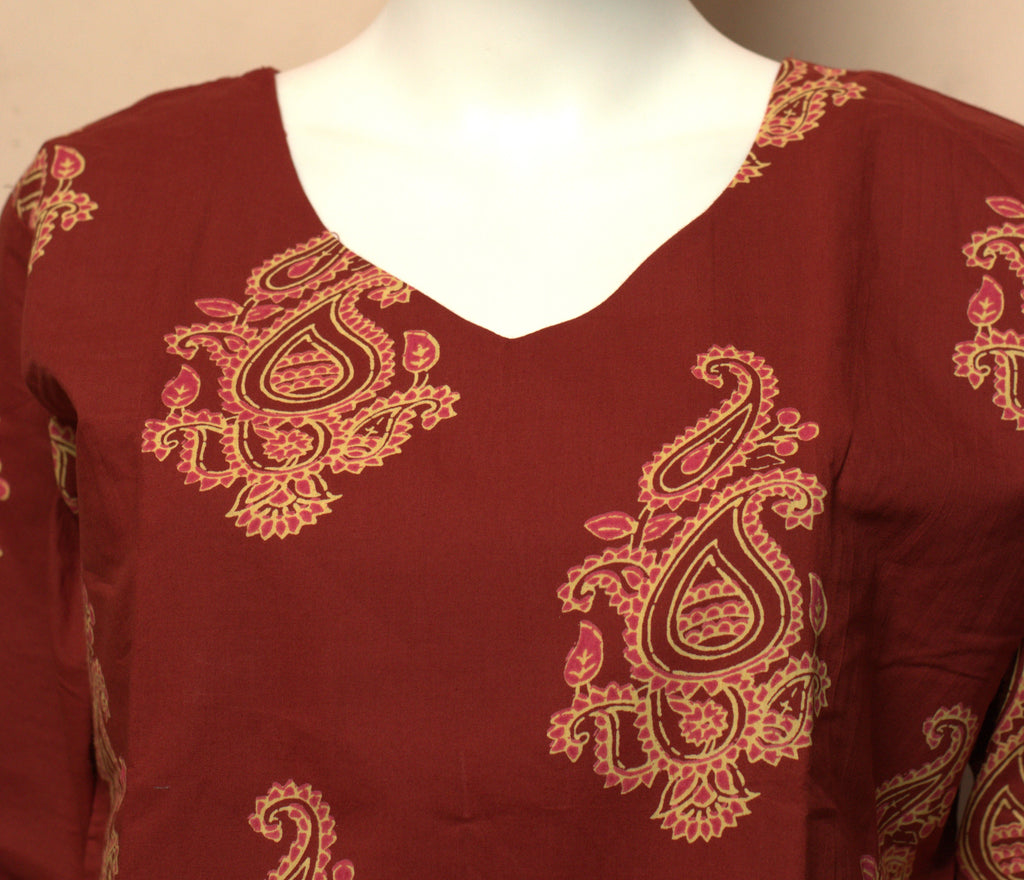 Women's Maroon Paisley Print Churidar Top | V-Neck | 3/4 Sleeves |&Casual &Ethnic Kurti (Top Only)